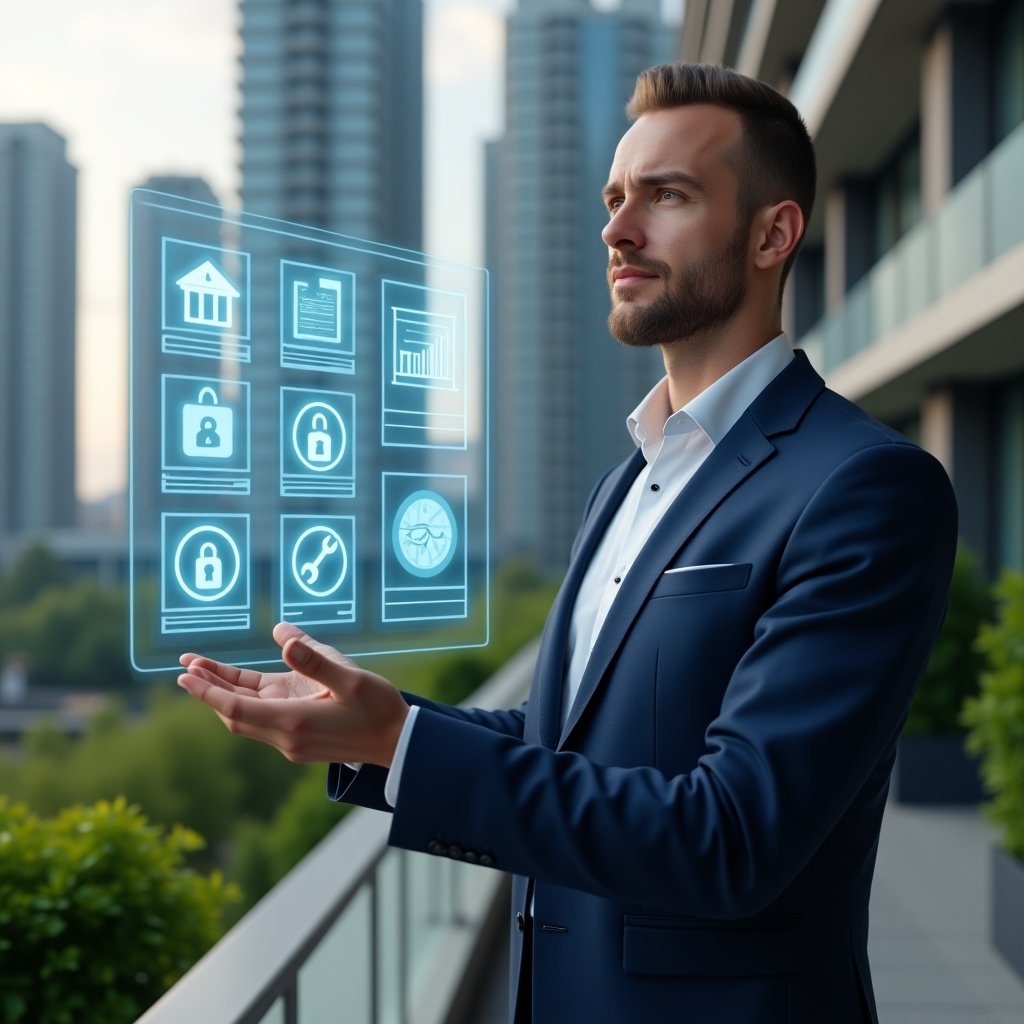 Ultra-realistic condominium manager in a navy blue tailored suit, set in a modern luxury condominium environment with high-rise buildings and lush green landscaping, confidently interacting with a floating holographic dashboard displaying six case study icons (building, calendar, lock, graph, wrench, package), cinematic lighting, shallow depth of field, highly detailed textures, realistic skin, photographic realism, 8k resolution --ar 1:1 --v 6