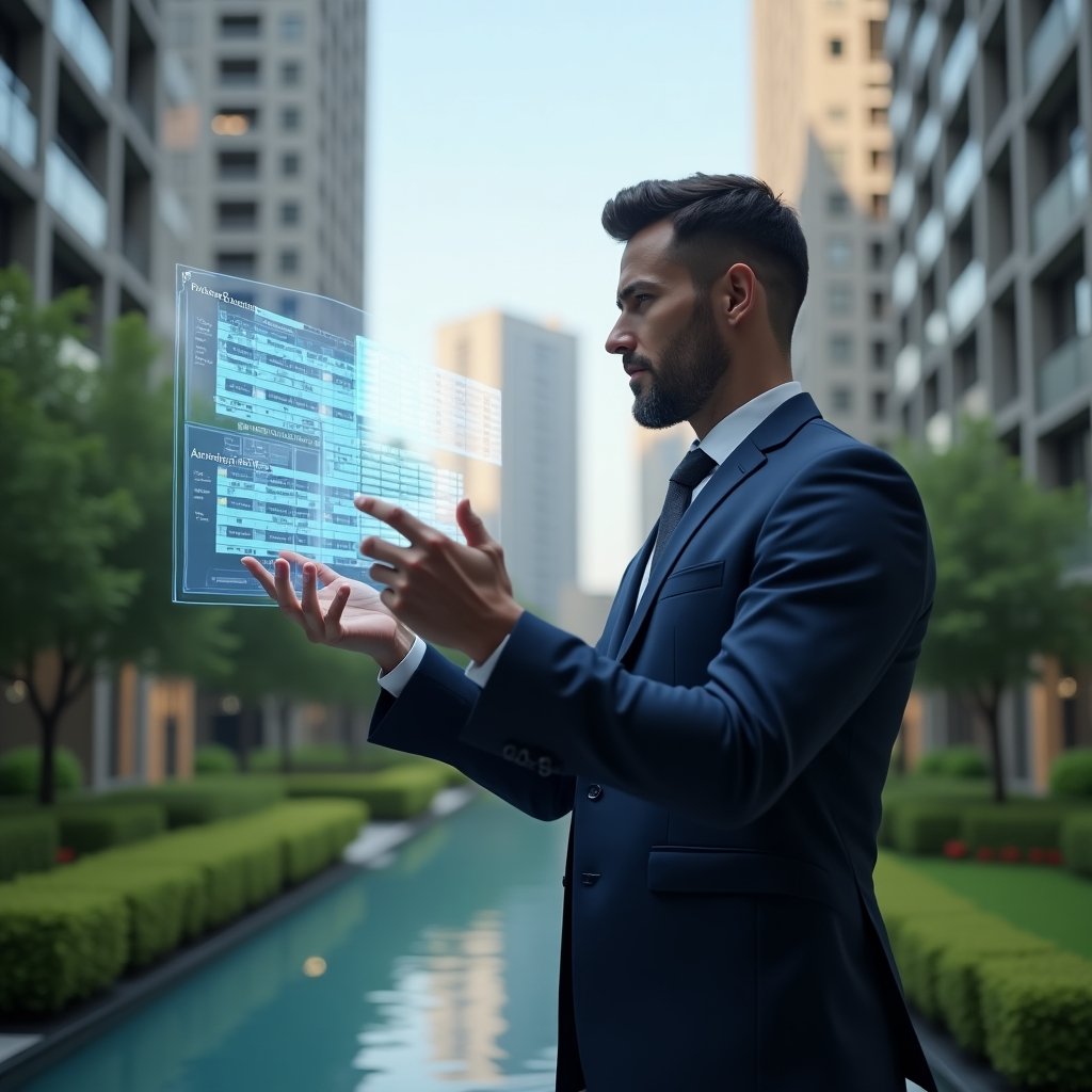 (Ultra-realistic condominium manager in a navy executive suit, set in a modern luxury condominium environment with high-rise buildings and meticulously manicured greenery, standing in a confident pose while interacting with a floating holographic split-screen showing traditional spreadsheets on one side and a sleek mobile app interface on the other, cinematic lighting, shallow depth of field, highly detailed textures, realistic skin, photographic realism, 8k resolution --ar 1:1 --v 6)