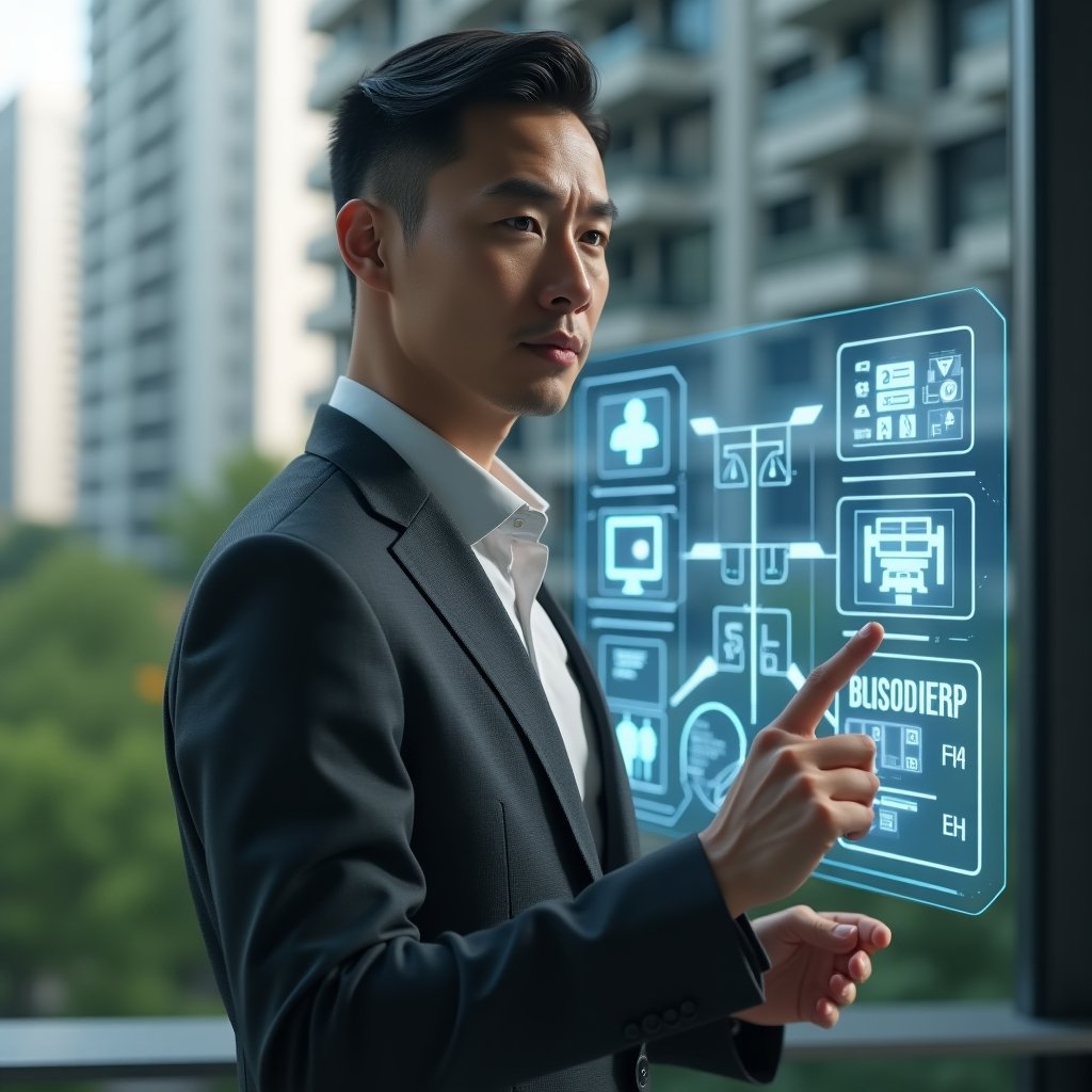 Ultra-realistic condominium manager in a dark gray tailored suit, set in a modern luxury condominium environment with high-rise buildings and green landscaping, interacting with a holographic control panel displaying building automation icons and digital security camera feeds, confident and focused expression, cinematic lighting, shallow depth of field, highly detailed textures, realistic skin, photographic realism, 8k resolution --ar 1:1 --v 6