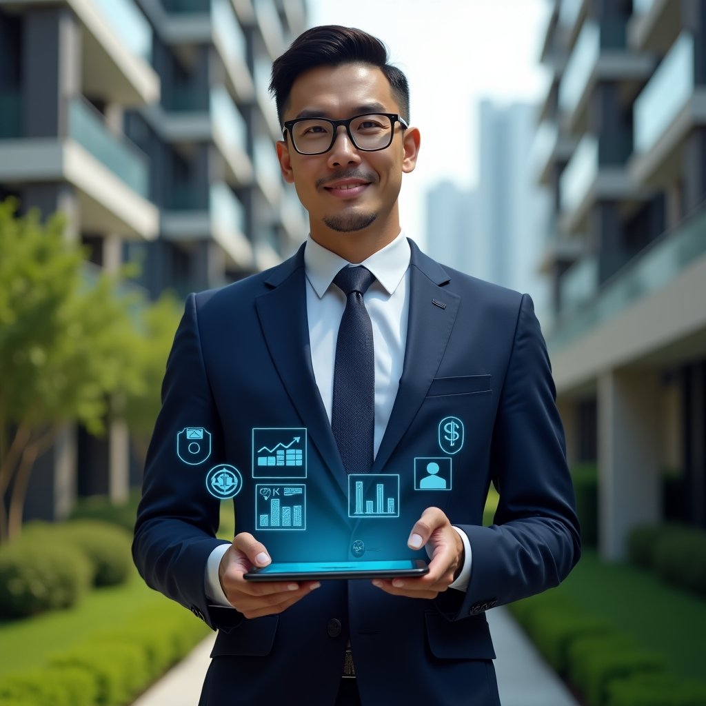 Ultra-realistic condominium manager in a navy executive suit, set in a modern luxury condominium environment with high-rise buildings and manicured green landscaping, holding a digital tablet displaying a holographic financial checklist and floating icons of charts and graphs, confident expression, cinematic lighting, shallow depth of field, highly detailed textures, realistic skin, photographic realism, 8k resolution --ar 1:1 --v 6