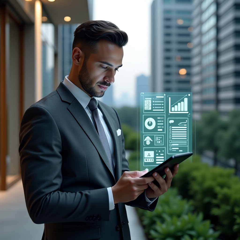 Ultra-realistic condominium manager in a charcoal gray tailored suit, set in a modern luxury condominium environment with high-rise buildings and lush green landscaping, holding a tablet displaying a glowing holographic checklist of financial documents, confidently reviewing data, holographic icons of charts and documents floating beside them, cinematic lighting, shallow depth of field, highly detailed textures, realistic skin, photographic realism, 8k resolution --ar 1:1 --v 6