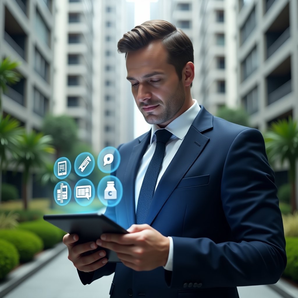 Ultra-realistic condominium manager in a navy blue executive suit, set in a modern luxury condominium environment with high-rise buildings and lush green landscaping, holding a tablet and reviewing a holographic checklist of finances, communication, and maintenance tasks, floating icons of bills, chat bubbles, and tools around them, confident and focused expression, cinematic lighting, shallow depth of field, highly detailed textures, realistic skin, photographic realism, 8k resolution --ar 1:1 --v 6
