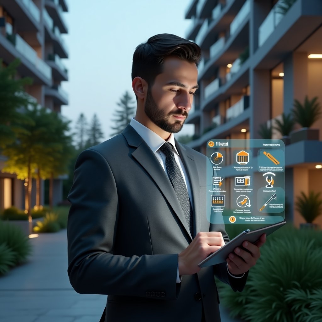 (Ultra-realistic condominium manager in a charcoal gray executive suit, set in a modern luxury condominium environment with high-rise buildings and meticulously landscaped gardens, holding a tablet displaying a glowing holographic checklist calendar, confidently reviewing schedules, holographic icons of maintenance tools and meeting agendas floating around, cinematic lighting, shallow depth of field, highly detailed textures, realistic skin, photographic realism, 8k resolution --ar 1:1 --v 6)