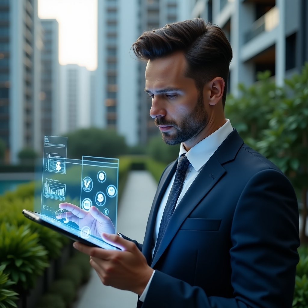 (Ultra-realistic condominium manager in a tailored dark blue suit, set in a modern luxury condominium environment with high-rise buildings and manicured green landscaping, mid-shot close-up of a professional analyzing a holographic financial checklist projected above a tablet with floating charts and checkmark icons, confident and focused expression, cinematic lighting, shallow depth of field, highly detailed textures, realistic skin, photographic realism, 8k resolution --ar 1:1 --v 6)