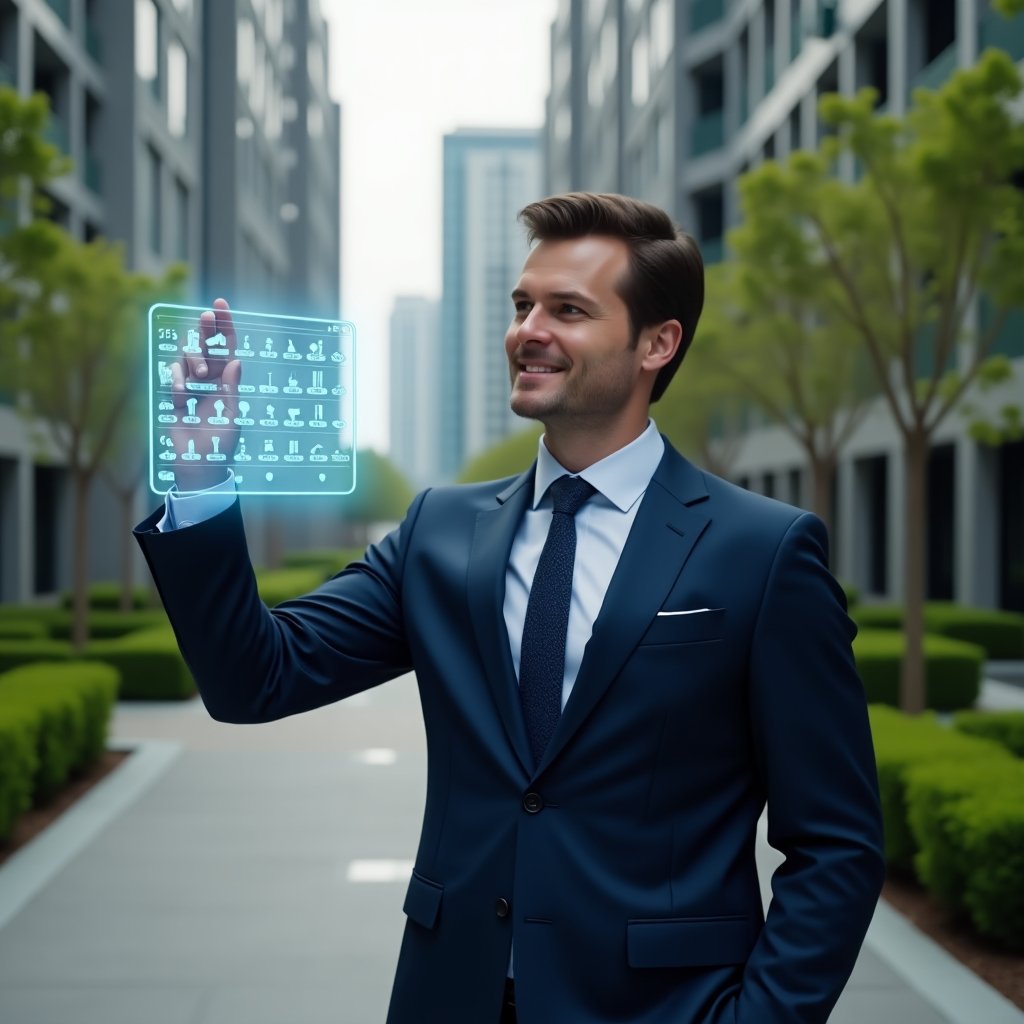 Ultra-realistic condominium manager in a navy tailored suit, set in a modern luxury condominium environment with high-rise buildings and manicured green landscaping, interacting with a floating holographic checklist calendar displaying maintenance, assembly and event icons, focused and confident expression, cinematic lighting, shallow depth of field, highly detailed textures, realistic skin, photographic realism, 8k resolution --ar 1:1 --v 6