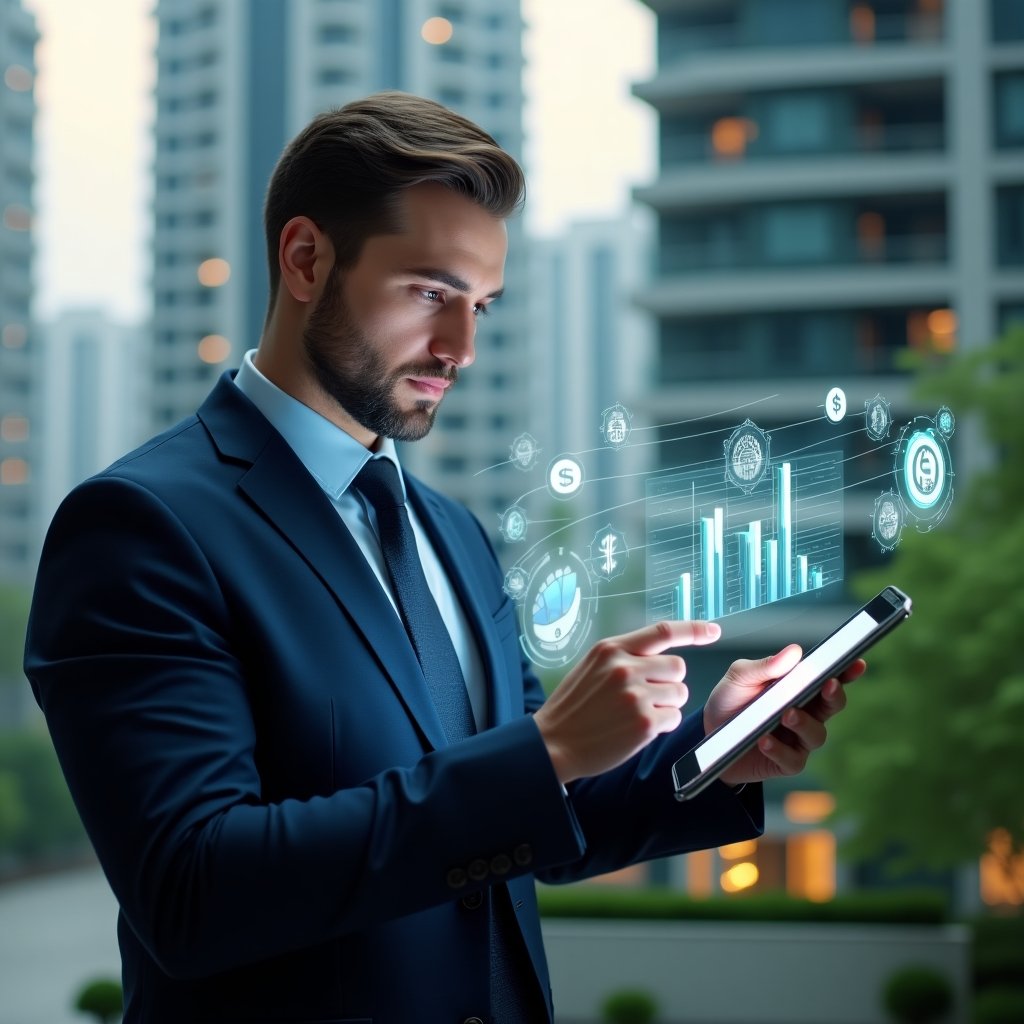 Ultra-realistic condominium manager in a navy blue suit, set in a modern luxury condominium environment with high-rise buildings and lush green landscaping, analyzing floating 3D financial charts and expense icons holographically projected from a sleek tablet, confident and focused expression, cinematic lighting, shallow depth of field, highly detailed textures, realistic skin, photographic realism, 8k resolution --ar 1:1 --v 6