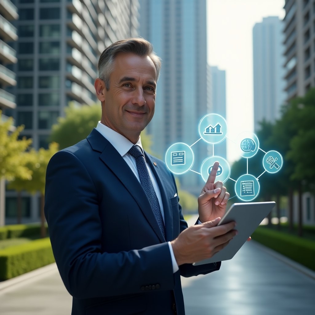 Ultra-realistic condominium manager in a navy executive suit, set in a modern luxury condominium environment with high-rise buildings and manicured green landscaping, holding a digital tablet and pointing at floating holographic icons representing finance charts, maintenance tools, communication bubbles, and a condo app interface, confident and focused expression, cinematic lighting, shallow depth of field, highly detailed textures, realistic skin, photographic realism, 8k resolution --ar 1:1 --v 6