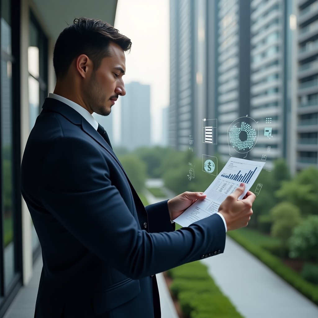 Ultra-realistic condominium manager in a dark navy suit, set in a modern luxury condominium environment with high-rise buildings and meticulously landscaped greenery, medium shot focusing on a confident professional reviewing a holographic expense report and cost-saving charts, a floating 3D calculator icon and blueprint symbols around them, cinematic lighting, shallow depth of field, highly detailed textures, realistic skin, photographic realism, 8k resolution --ar 1:1 --v 6