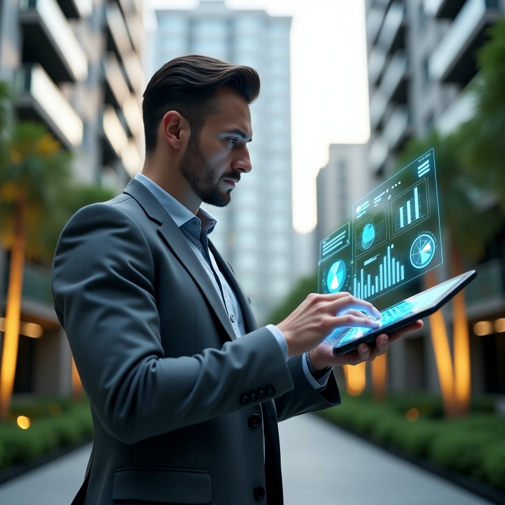 (Ultra-realistic condominium manager in a tailored gray suit, set in a modern luxury condominium environment with high-rise buildings and manicured green landscaping, mid–shot of a confident professional analyzing holographic financial charts projected from a sleek tablet, glowing icons of reports and pie graphs floating around, cinematic lighting, shallow depth of field, highly detailed textures, realistic skin, photographic realism, 8k resolution --ar 1:1 --v 6)