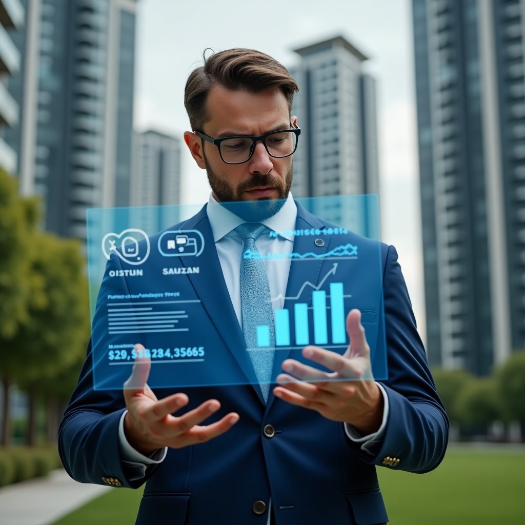 (Ultra-realistic property manager in a navy blue suit, set in a modern luxury condominium environment with high-rise buildings and lush green landscaping, analyzing a holographic financial dashboard showing expense reduction charts and savings icons, confident and focused expression, cinematic lighting, shallow depth of field, highly detailed textures, realistic skin, photographic realism, 8k resolution --ar 1:1 --v 6)