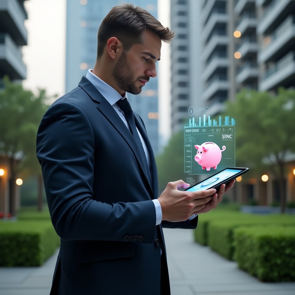 Ultra-realistic condominium manager in a tailored navy suit, set in a modern luxury condominium environment with high-rise buildings and manicured green landscaping, examining holographic budget charts on a transparent tablet, piggy bank icon hologram floating beside, confident and focused expression, cinematic lighting, shallow depth of field, highly detailed textures, realistic skin, photographic realism, 8k resolution --ar 1:1 --v 6