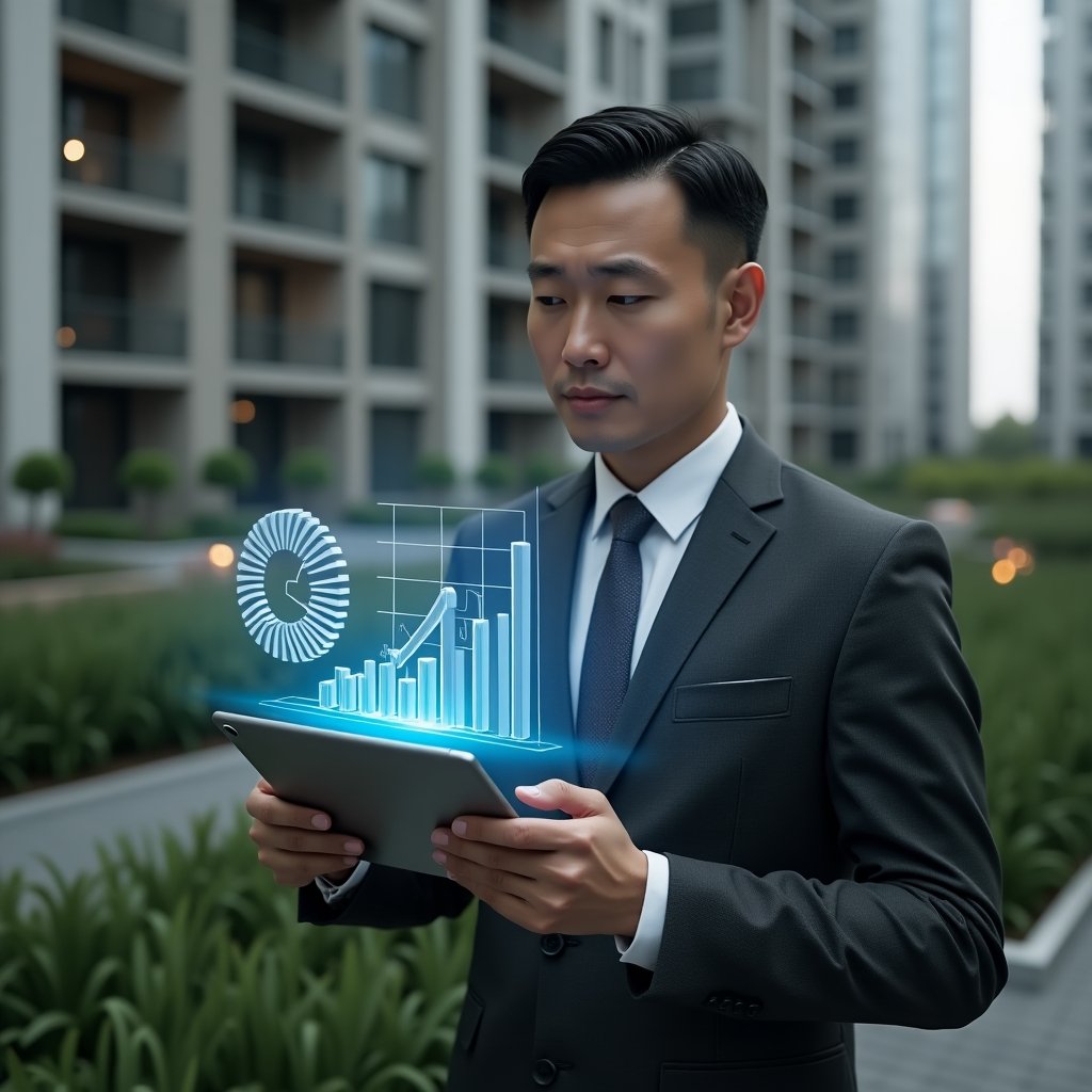 Ultra-realistic condominium manager in a dark gray executive suit, set in a modern luxury condominium environment with high-rise buildings and manicured green landscaping, confidently analyzing a digital tablet projecting holographic budget charts and cost-saving icons, cinematic lighting, shallow depth of field, highly detailed textures, realistic skin, photographic realism, 8k resolution --ar 1:1 --v 6