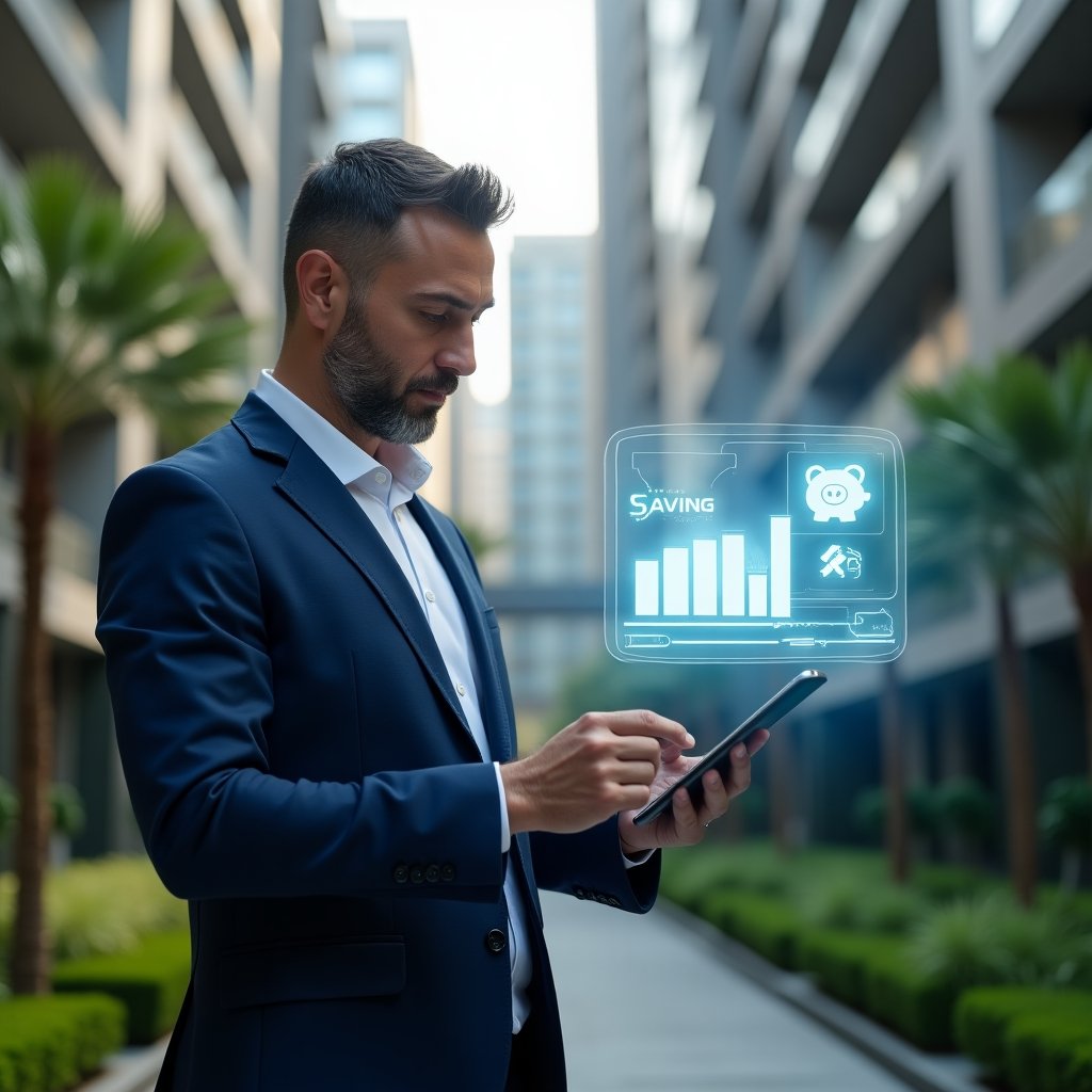 (Ultra-realistic condominium manager in a navy blue suit, set in a modern luxury condominium environment with high-rise buildings and meticulously manicured green landscaping, reviewing a floating holographic cost-saving chart while holding a digital tablet, a translucent piggy bank icon and repair tools hologram hovering beside him, cinematic lighting, shallow depth of field, highly detailed textures, realistic skin, photographic realism, 8k resolution --ar 1:1 --v 6)