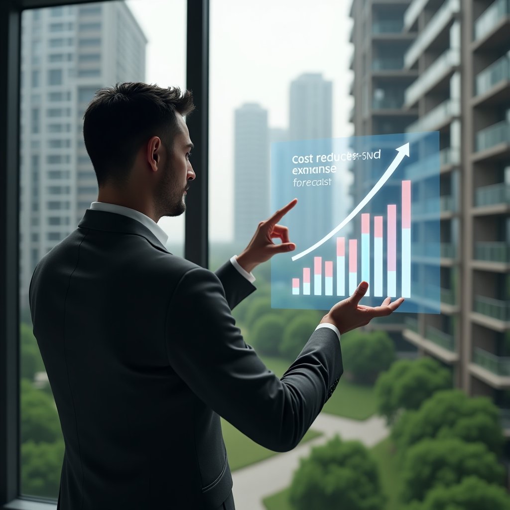 (Ultra-realistic condominium manager in a charcoal gray executive suit, set in a modern luxury condominium environment with high-rise buildings and lush green landscaping, examining a floating holographic chart showing cost reductions and expense forecasts, gesture pointing at a downward–trending arrow symbolizing savings, cinematic lighting, shallow depth of field, highly detailed textures, realistic skin, photographic realism, 8k resolution --ar 1:1 --v 6)