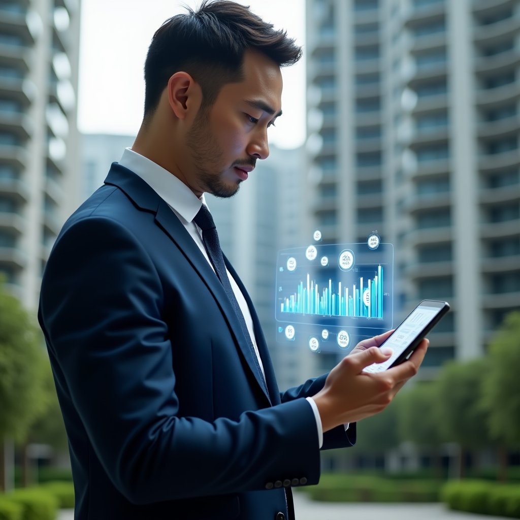 Ultra-realistic condominium manager in a navy blue suit, set in a modern luxury condominium environment with high-rise buildings and green landscaping, holding a digital tablet displaying holographic cost-saving charts, confident expression analyzing financial data with floating coin icons and bar graphs, cinematic lighting, shallow depth of field, highly detailed textures, realistic skin, photographic realism, 8k resolution --ar 1:1 --v 6