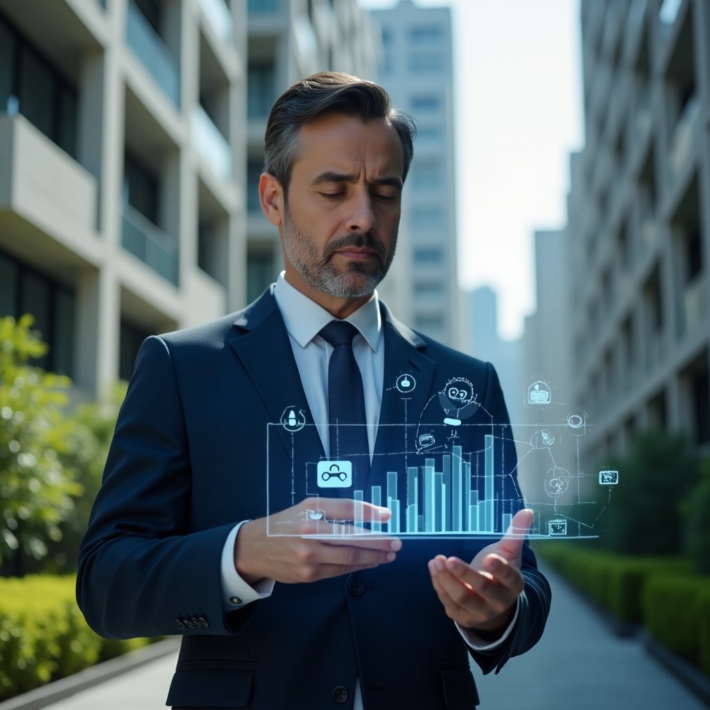 Ultra-realistic condominium manager in a navy executive suit, set in a modern luxury condominium environment with high-rise buildings and green landscaping, analyzing holographic digital consumption charts with floating water and energy icons, confident and focused expression, cinematic lighting, shallow depth of field, highly detailed textures, realistic skin, photographic realism, 8k resolution --ar 1:1 --v 6