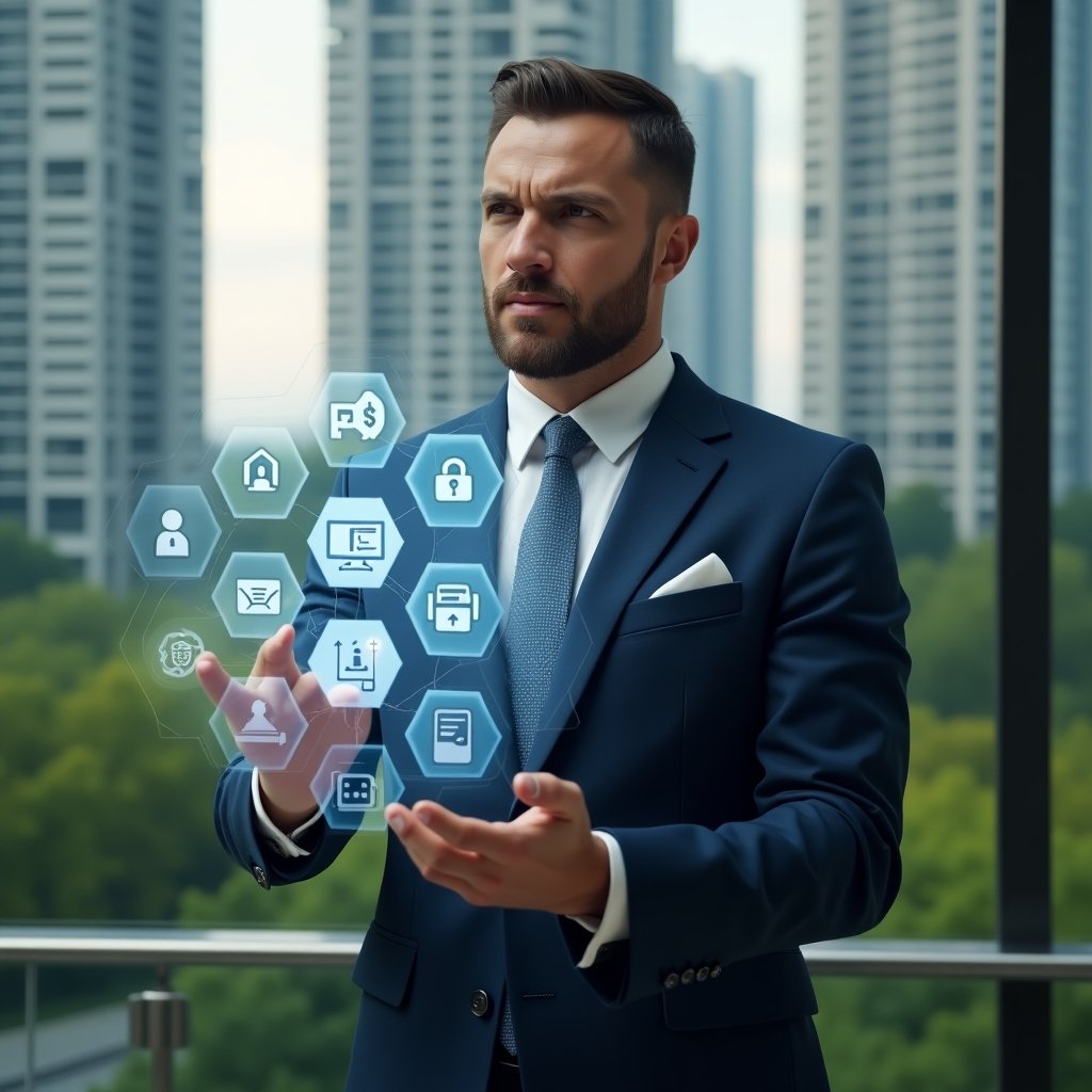 (Ultra-realistic condominium manager in a navy business suit, set in a modern luxury condominium environment with high-rise buildings and lush green landscaping, interacting with a floating holographic interface displaying icons for security access, messaging, facility booking, financial reports and maintenance requests, confident and focused expression, cinematic lighting, shallow depth of field, highly detailed textures, realistic skin, photographic realism, 8k resolution --ar 1:1 --v 6)