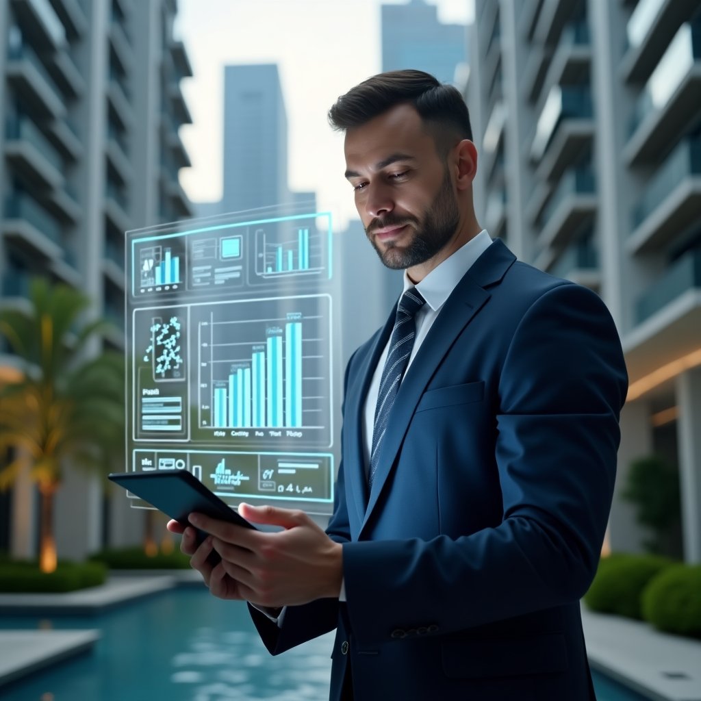 (Ultra-realistic property manager in a navy suit, set in a modern luxury condominium environment with high-rise buildings and green landscaping, examining a holographic financial dashboard projected from a tablet—floating icons of charts, cost-reduction symbols, and ledgers—confident expression, cinematic lighting, shallow depth of field, highly detailed textures, realistic skin, photographic realism, 8k resolution --ar 1:1 --v 6)