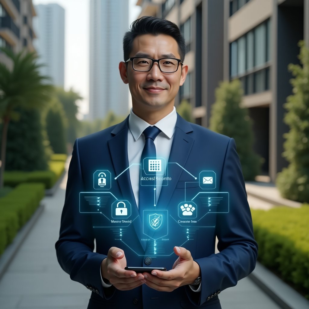 Ultra-realistic condominium manager in a navy blue suit, set in a modern luxury condominium environment with high-rise buildings and meticulously manicured green landscaping, holding a transparent holographic interface displaying icons for access control, messaging, security shield, calendar booking and maintenance tools, looking confident and engaged, cinematic lighting, shallow depth of field, highly detailed textures, realistic skin, photographic realism, 8k resolution --ar 1:1 --v 6