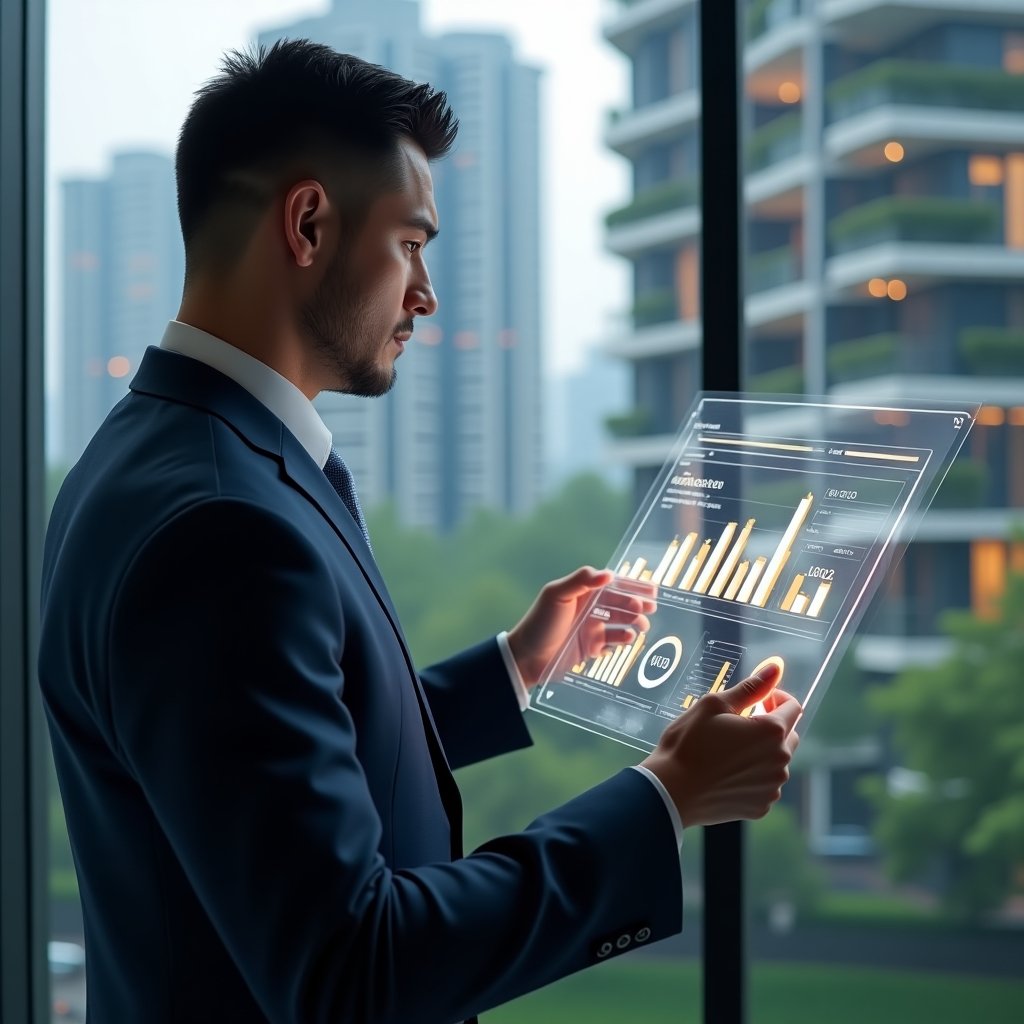 Ultra-realistic condominium manager in a navy executive suit, set in a modern luxury condominium environment with high-rise buildings and meticulously landscaped gardens, analyzing a holographic performance dashboard displaying satisfaction scores, cost charts and productivity metrics, confident expression, cinematic lighting, shallow depth of field, highly detailed textures, realistic skin, photographic realism, 8k resolution --ar 1:1 --v 6