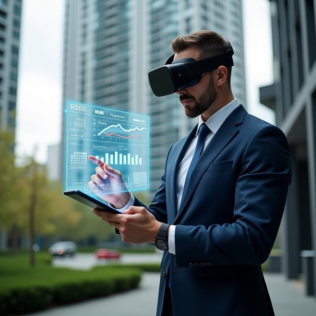 (Ultra-realistic condominium manager in a tailored dark blue suit, set in a modern luxury condominium environment with high-rise buildings and manicured green landscaping, analyzing a holographic financial report with floating charts and graphs, holding a digital tablet and pointing confidently at the data, cinematic lighting, shallow depth of field, highly detailed textures, realistic skin, photographic realism, 8k resolution --ar 1:1 --v 6)