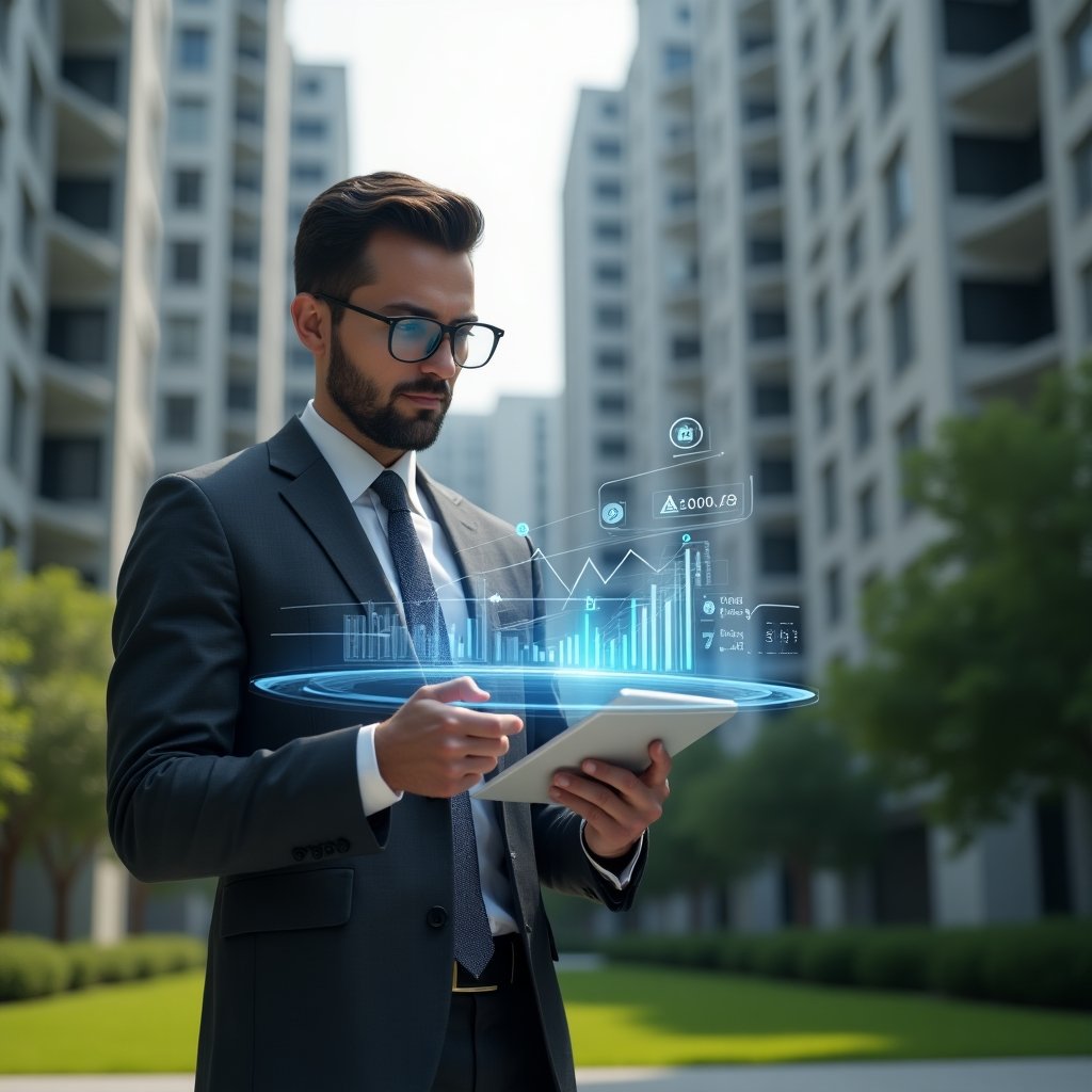 (Ultra-realistic condominium manager in a charcoal gray executive suit, standing in a modern luxury condominium environment with high-rise buildings and manicured green landscaping, holding a transparent tablet displaying holographic financial charts and boleto invoices, confidently analyzing real-time data, a floating hologram of a payment module and delinquency graph beside them, cinematic lighting, shallow depth of field, highly detailed textures, realistic skin, photographic realism, 8k resolution --ar 1:1 --v 6)