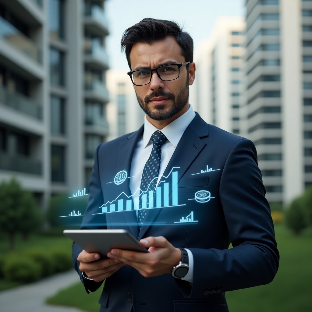 (Ultra-realistic condominium manager in a tailored navy suit, set in a modern luxury condominium environment with high-rise buildings and lush green landscaping, holding a tablet displaying holographic financial graphs and payment icons, confident and focused expression, floating holographic symbols of invoices, coins and charts around them, cinematic lighting, shallow depth of field, highly detailed textures, realistic skin, photographic realism, 8k resolution --ar 1:1 --v 6)