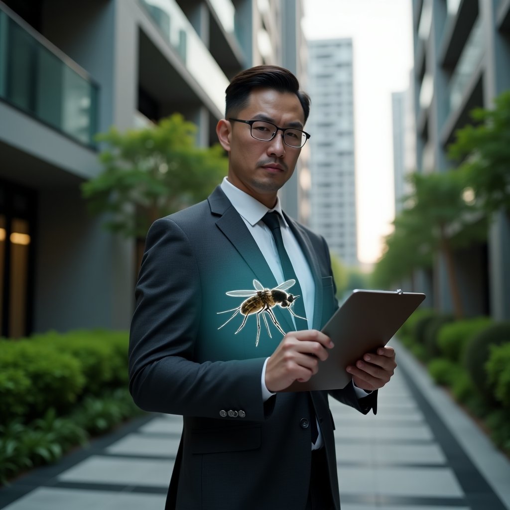 (Ultra-realistic condominium manager in a dark gray executive suit, set in a modern luxury condominium environment with high-rise buildings and lush green landscaping, inspecting a common area with a clipboard and holographic mosquito icon overlay symbolizing dengue prevention, focused and determined expression, cinematic lighting, shallow depth of field, highly detailed textures, realistic skin, photographic realism, 8k resolution --ar 1:1 --v 6)