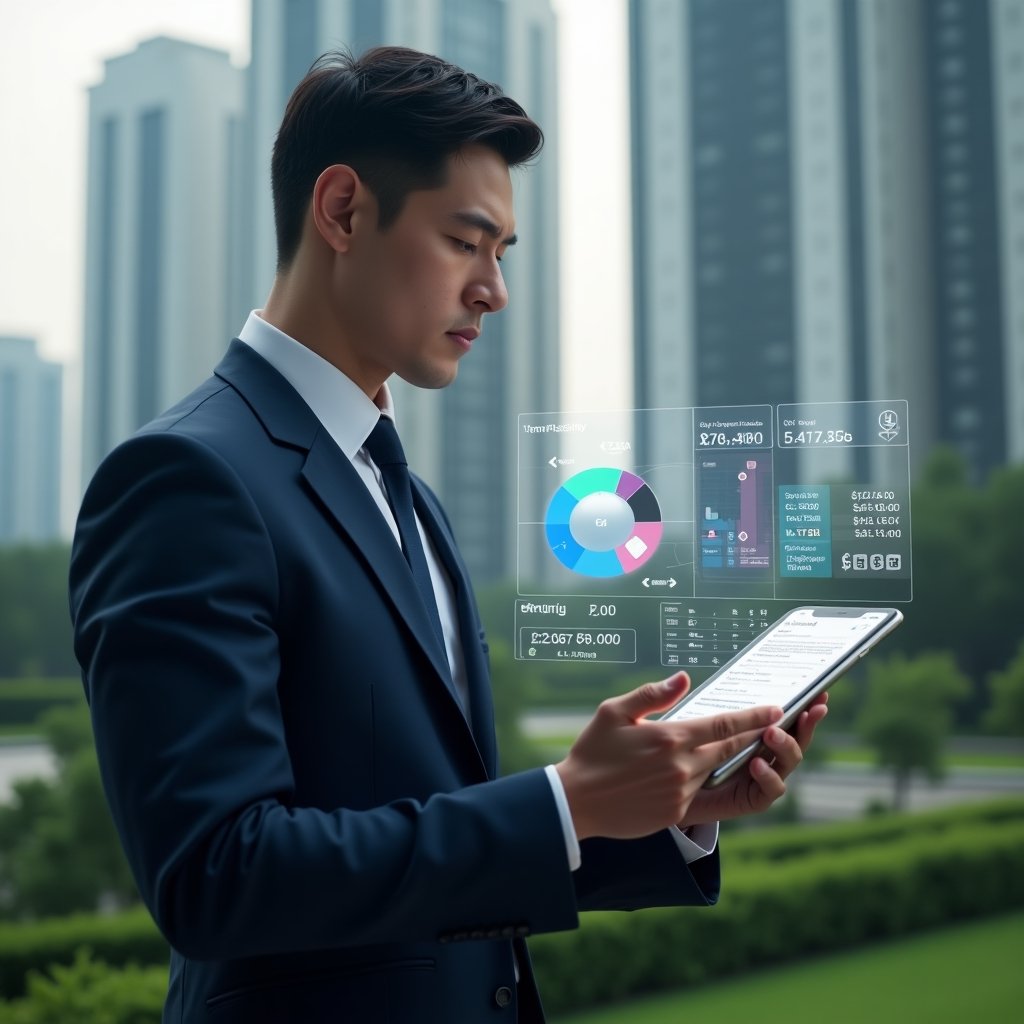 Ultra-realistic condominium manager in a navy executive suit, set in a modern luxury condominium environment with high-rise buildings and lush green landscaping, examining a holographic pie chart of fractional ownership and monthly fee calculations, confident and focused expression, floating icons of legal scales and currency symbols, cinematic lighting, shallow depth of field, highly detailed textures, realistic skin, photographic realism, 8k resolution --ar 1:1 --v 6