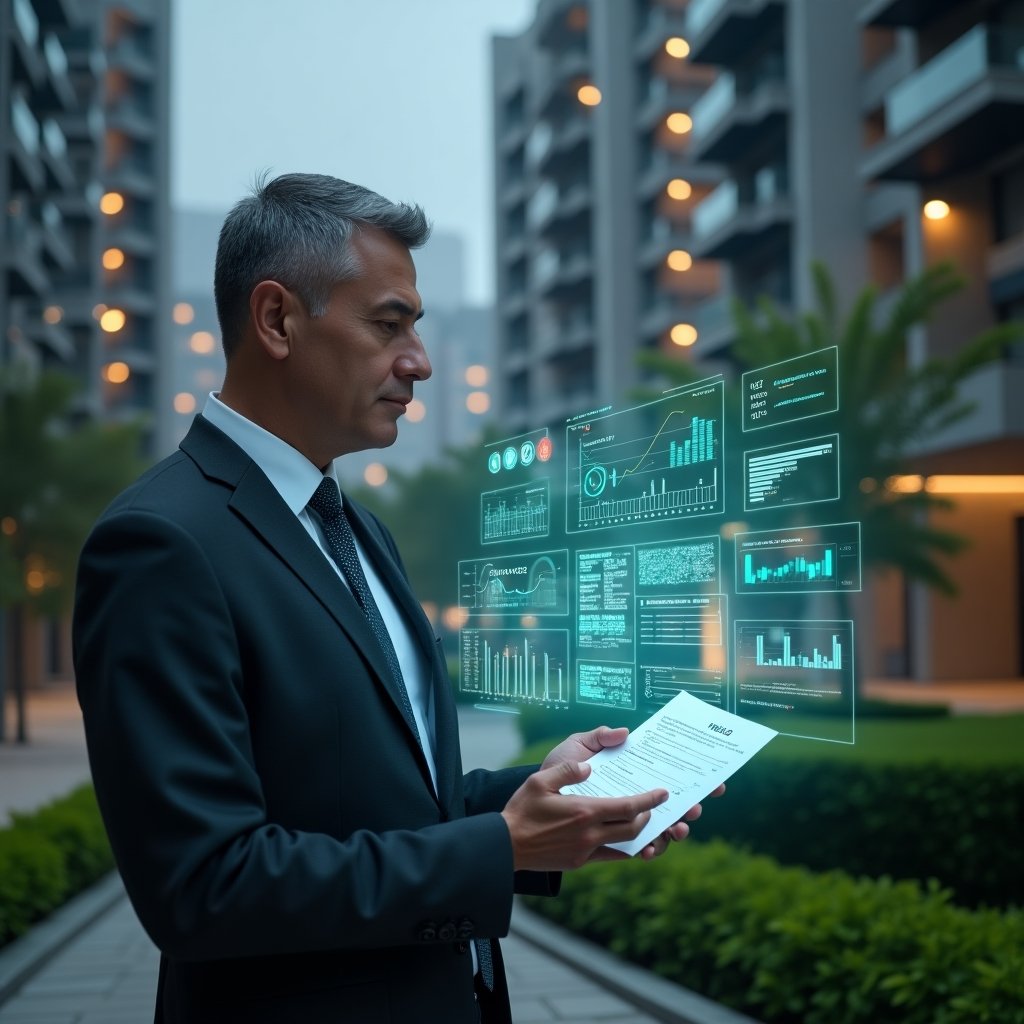 (Ultra-realistic condominium manager in a dark gray executive suit, set in a modern luxury condominium environment with high-rise buildings and manicured green landscaping, analyzing floating holographic financial charts and digital ledgers that glow with blue and green light, conveying transparency and efficiency, cinematic lighting, shallow depth of field, highly detailed textures, realistic skin, photographic realism, 8k resolution --ar 1:1 --v 6)