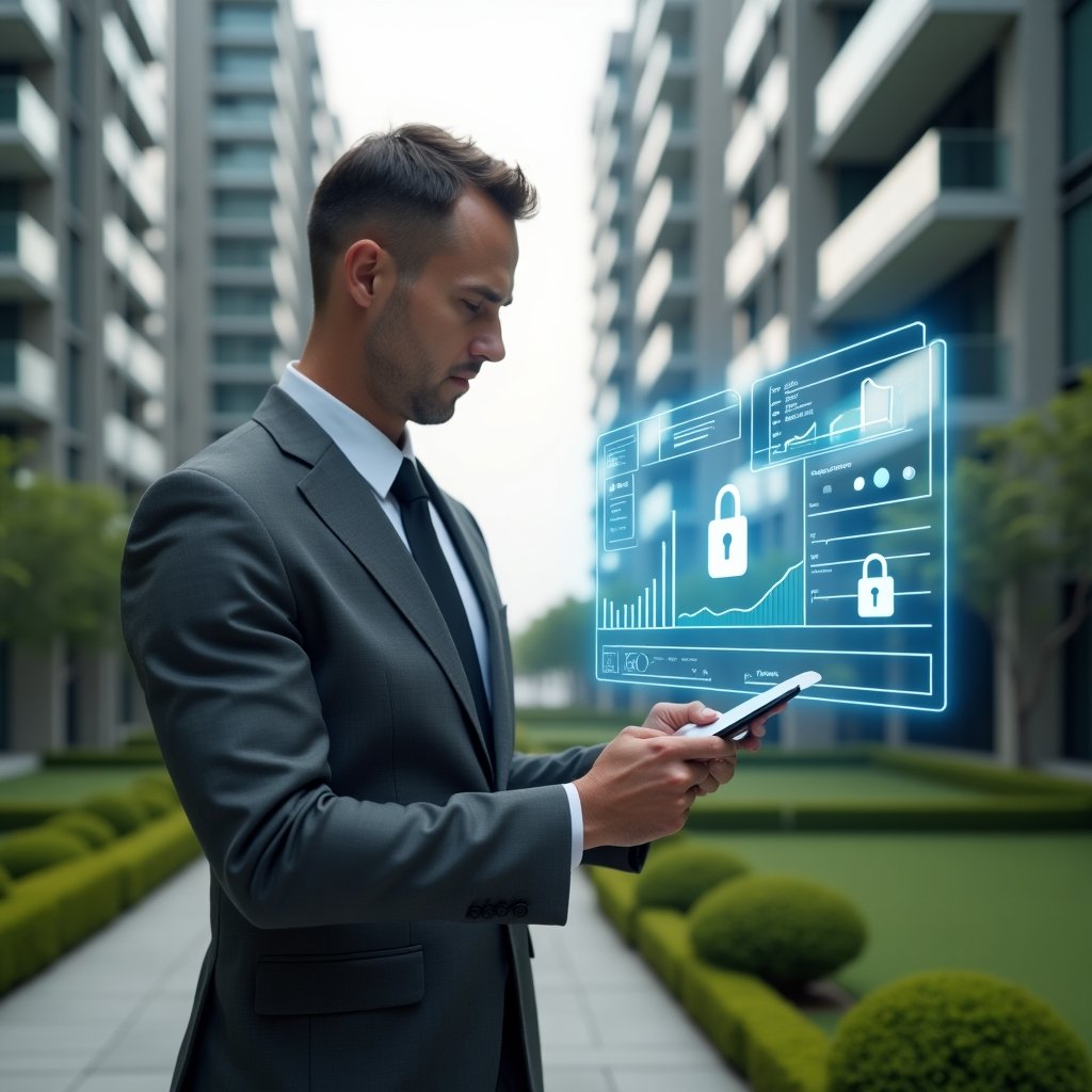 Ultra-realistic property manager in a charcoal gray suit, set in a modern luxury condominium environment with high-rise buildings and impeccably landscaped green areas, examining a floating holographic financial dashboard with charts and secure padlock icons, confident and focused expression, cinematic lighting, shallow depth of field, highly detailed textures, realistic skin, photographic realism, 8k resolution --ar 1:1 --v 6