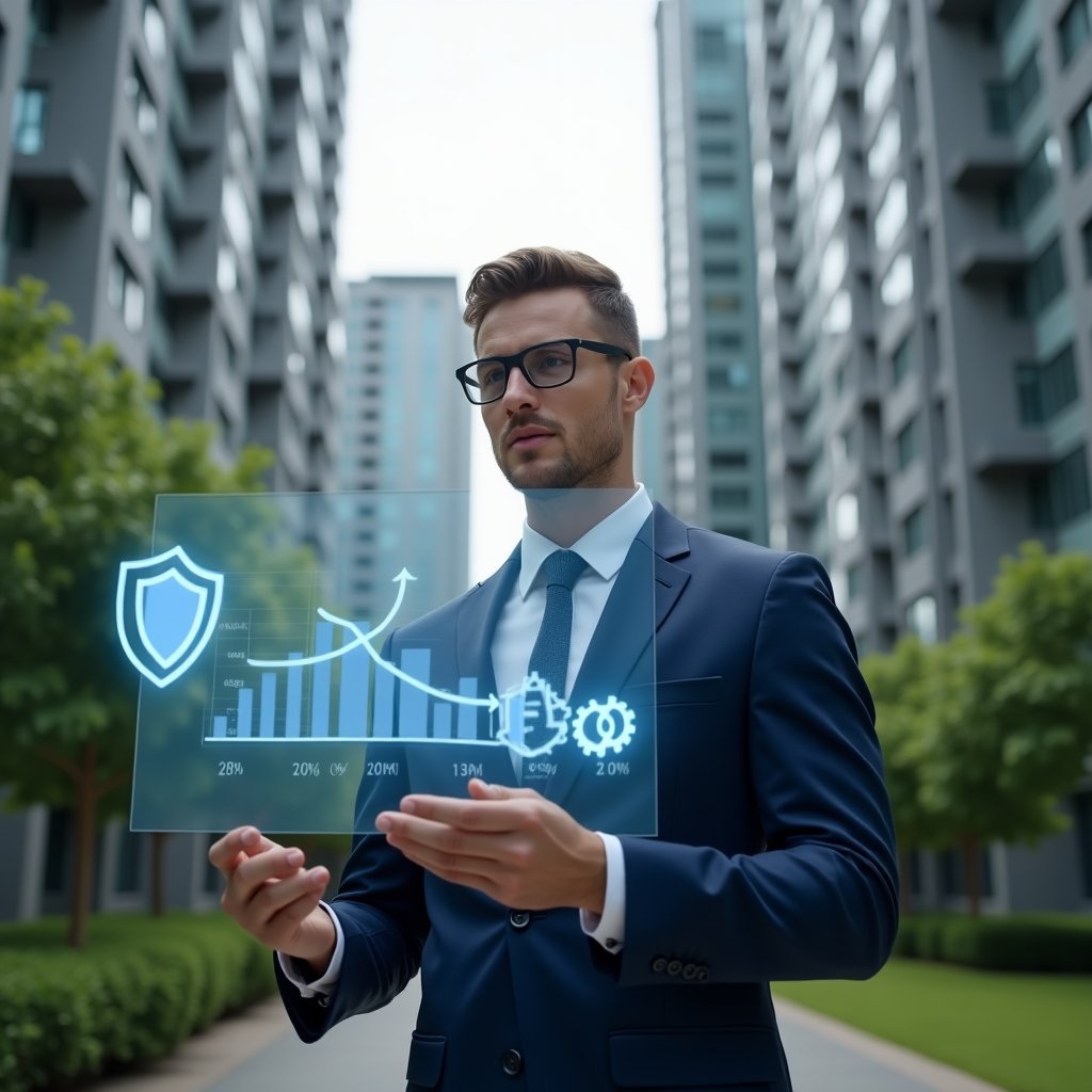 Ultra-realistic condominium manager in a dark blue suit, set in a modern luxury condominium environment with high-rise buildings and manicured green landscaping, mid-shot of a confident manager reviewing a floating holographic maintenance schedule and a downward-trending cost graph, holographic gear and shield icons symbolizing preventive maintenance, cinematic lighting, shallow depth of field, highly detailed textures, realistic skin, photographic realism, 8k resolution --ar 1:1 --v 6