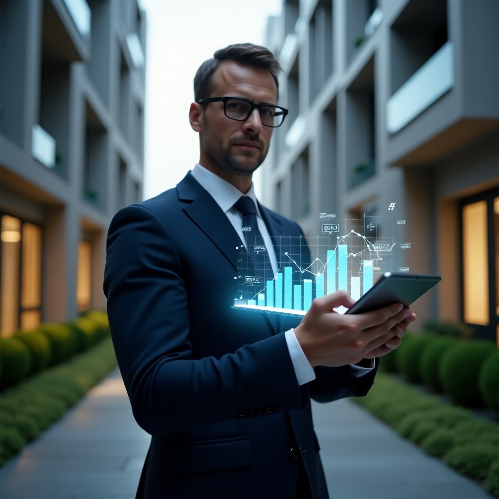 Ultra-realistic condominium manager in a navy executive suit, set in a modern luxury condominium environment with high-rise buildings and manicured green landscaping, standing in a medium close-up pose while presenting a holographic budget chart emerging from a tablet, confident and focused expression, symbolic icons of financial reports floating around, cinematic lighting, shallow depth of field, highly detailed textures, realistic skin, photographic realism, 8k resolution --ar 1:1 --v 6