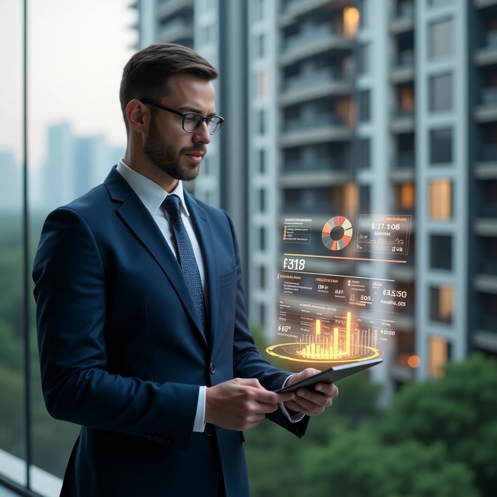 Ultra-realistic condominium manager in a navy blue suit, set in a modern luxury condominium environment with high-rise buildings and green landscaping, examining a holographic financial chart of extraordinary expenses, glowing expense icons and pie charts floating beside them, thoughtful and confident expression, cinematic lighting, shallow depth of field, highly detailed textures, realistic skin, photographic realism, 8k resolution --ar 1:1 --v 6
