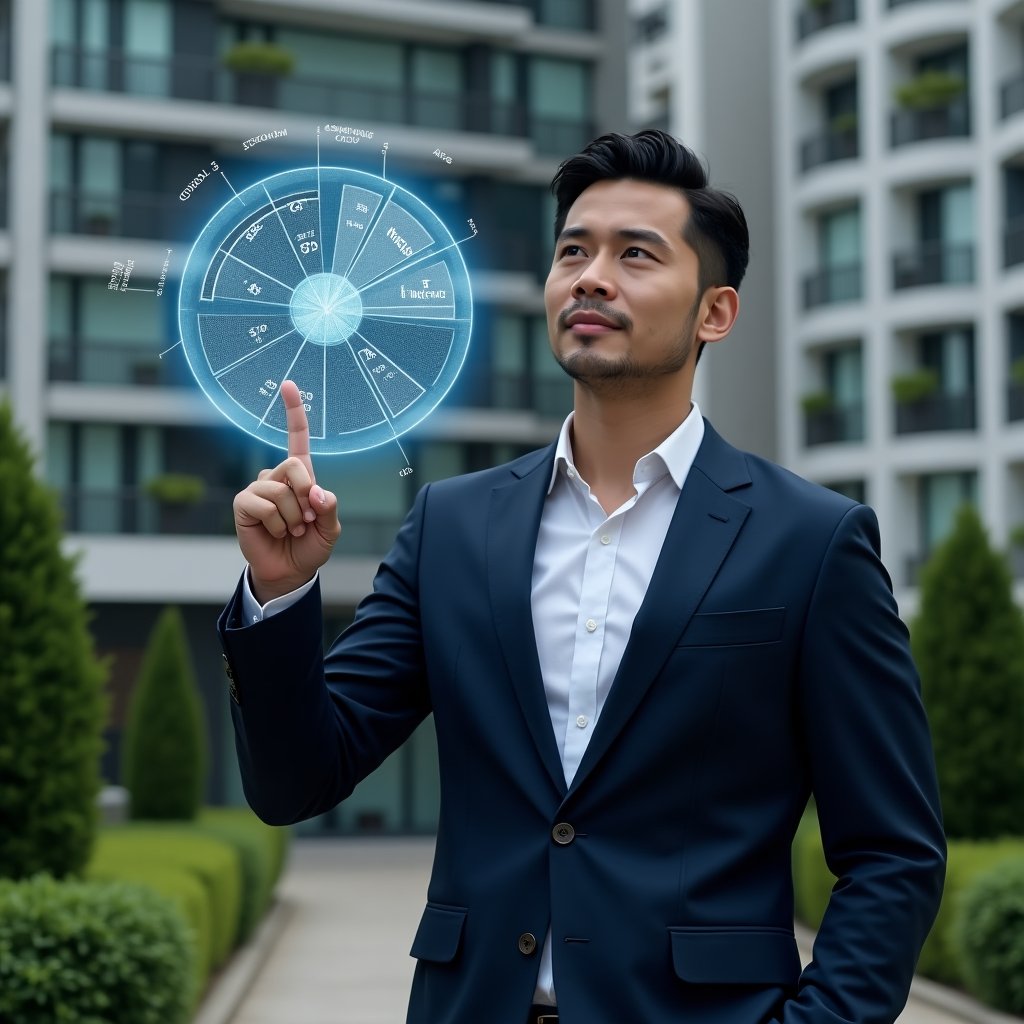 (Ultra-realistic condominium manager in a tailored navy suit, set in a modern luxury condominium environment with high-rise buildings and manicured greenery, confidently pointing at a floating holographic pie chart displaying unit fractions and cost divisions, digital interface overlays of area measurements and milésimos values, cinematic lighting, shallow depth of field, highly detailed textures, realistic skin, photographic realism, 8k resolution --ar 1:1 --v 6)
