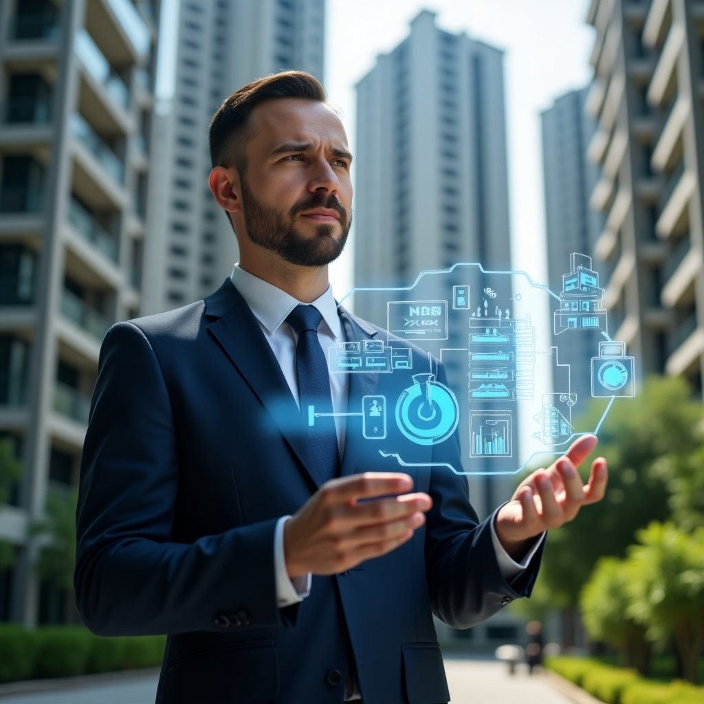 (Ultra-realistic condominium manager in a navy executive suit, set in a modern luxury condominium environment with high-rise buildings and lush green landscaping, mid‐shot as they review a holographic pie chart and digital spreadsheet hovering before them, projecting a sense of fairness and transparency, confident and focused expression, holographic icons of building floor plans and percentage symbols floating around, cinematic lighting, shallow depth of field, highly detailed textures, realistic skin, photographic realism, 8k resolution --ar 1:1 --v 6)