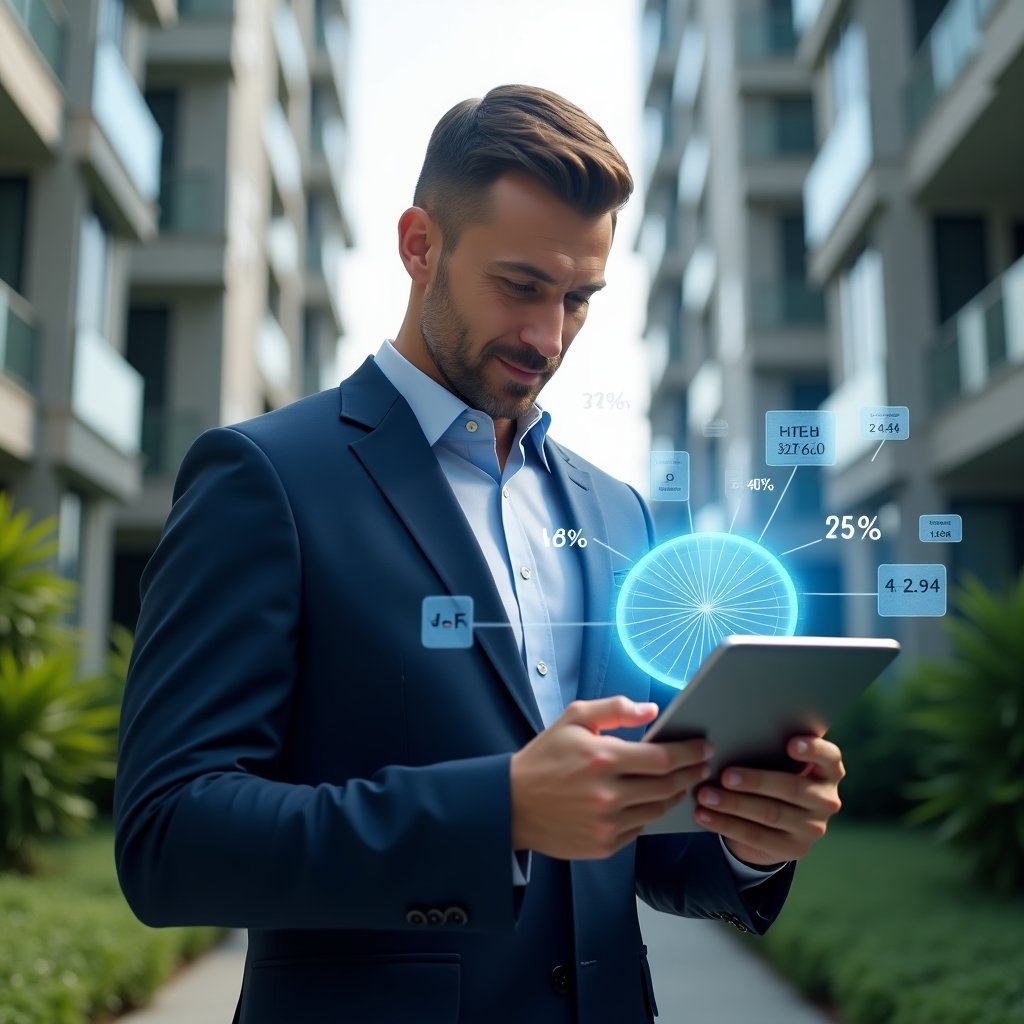 Ultra-realistic condominium manager in a navy blue suit, set in a modern luxury condominium environment with high-rise buildings and lush green landscaping, holding a tablet displaying a holographic pie-chart representing fraction ideal calculations, examining data with a confident expression, holographic floating icons of building units and percentage symbols around, cinematic lighting, shallow depth of field, highly detailed textures, realistic skin, photographic realism, 8k resolution --ar 1:1 --v 6