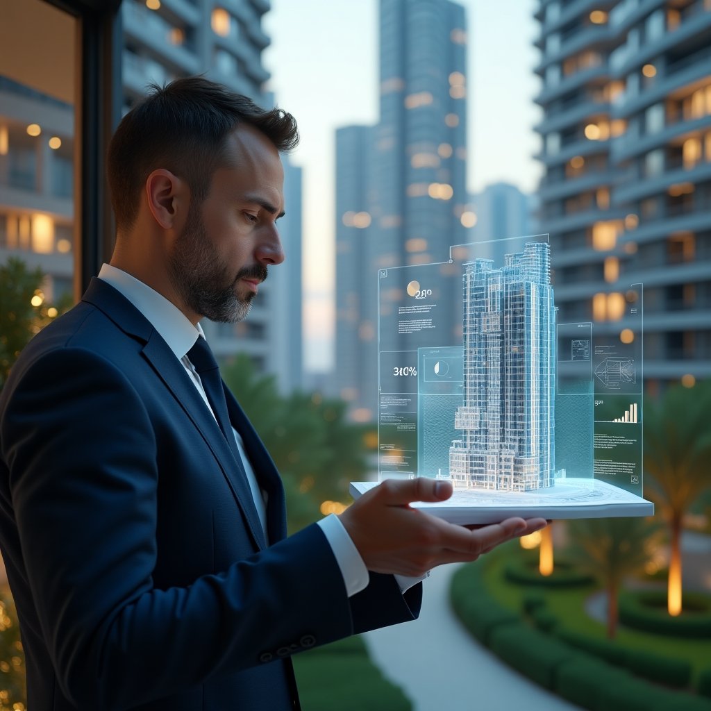 Ultra-realistic condominium manager in a tailored navy suit, set in a modern luxury condominium environment with high-rise buildings and manicured green landscaping, analyzing a holographic 3D building model with highlighted percentage fractions, interacting with digital interface overlays of formulas and charts, focused and analytical expression, cinematic lighting, shallow depth of field, highly detailed textures, realistic skin, photographic realism, 8k resolution --ar 1:1 --v 6