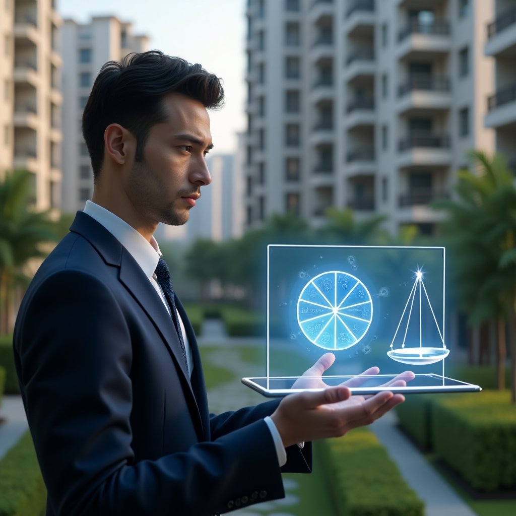 (Ultra-realistic condominium manager in a tailored navy suit, set in a modern luxury condominium environment with high-rise buildings and meticulously landscaped gardens, close-up of the professional thoughtfully examining a holographic pie chart of unit fractions alongside a floating digital scale symbolizing fairness, cinematic lighting, shallow depth of field, highly detailed textures, realistic skin, photographic realism, 8k resolution --ar 1:1 --v 6)