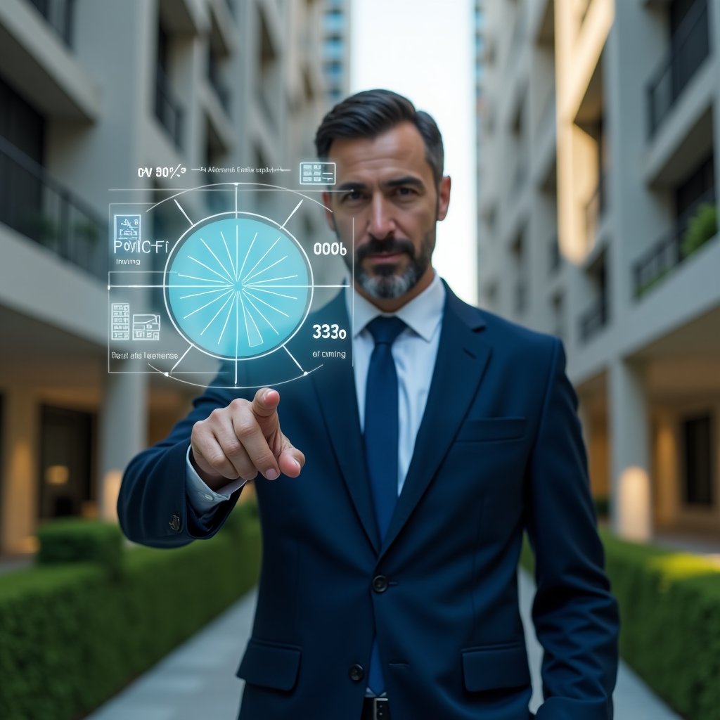 Ultra-realistic condominium manager in a navy blue tailored suit, set in a modern luxury condominium environment with high-rise buildings and manicured green landscaping, medium shot, the manager confidently pointing at a floating holographic pie chart over a floor plan illustrating ideal unit fractions, holographic icons of a calculator and balanced scales symbolizing fair expense division, cinematic lighting, shallow depth of field, highly detailed textures, realistic skin, photographic realism, 8k resolution --ar 1:1 --v 6