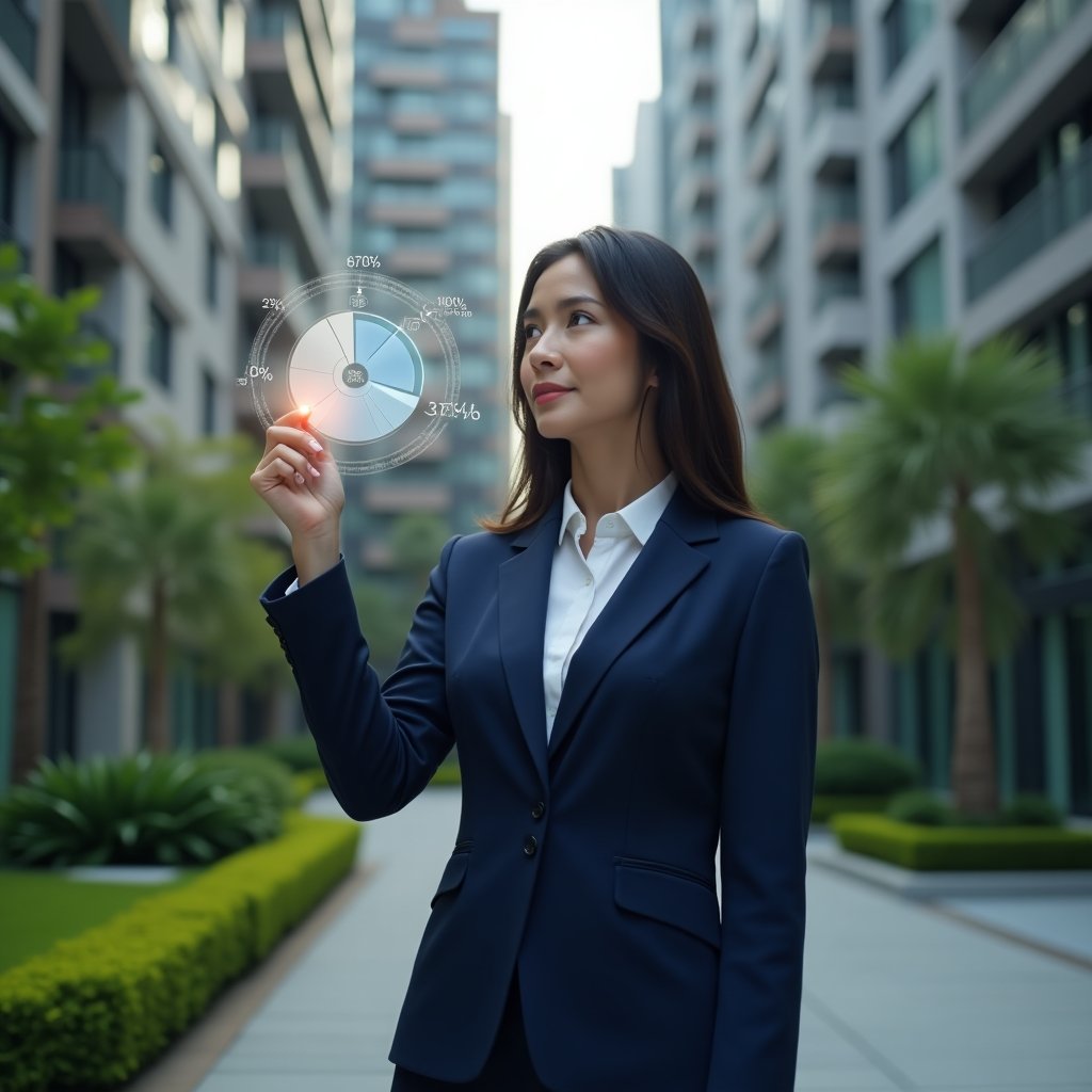 (Ultra-realistic condominium manager in a tailored navy-blue suit, set in a modern luxury condominium environment with high-rise buildings and lush green landscaping, mid shot of a professional woman thoughtfully analyzing a holographic pie chart and fractional percentage symbols floating before her, symbolizing the calculation of ideal shares for condo expenses, cinematic lighting, shallow depth of field, highly detailed textures, realistic skin, photographic realism, 8k resolution --ar 1:1 --v 6)