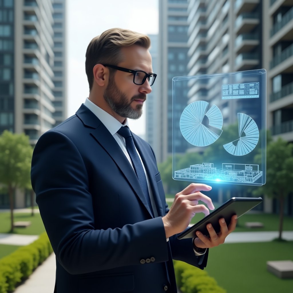Ultra-realistic condominium manager in a navy blue suit, set in a modern luxury condominium environment with high-rise buildings and manicured green landscaping, confidently analyzing holographic pie charts of unit fractions above a digital tablet, with a floating 3D blueprint of a floor plan beside them, cinematic lighting, shallow depth of field, highly detailed textures, realistic skin, photographic realism, 8k resolution --ar 1:1 --v 6
