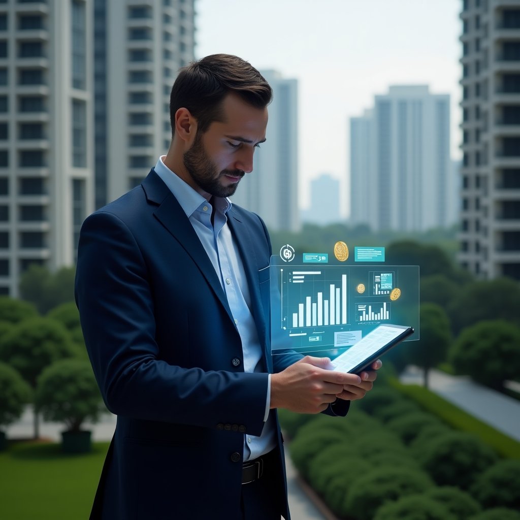 (Ultra-realistic condominium manager in a navy blue tailored suit, set in a modern luxury condominium environment with high-rise buildings and manicured green landscaping, reviewing holographic financial charts on a transparent tablet with a focused, confident expression, floating budget graphs and coin icons symbolizing expense control, cinematic lighting, shallow depth of field, highly detailed textures, realistic skin, photographic realism, 8k resolution --ar 1:1 --v 6)