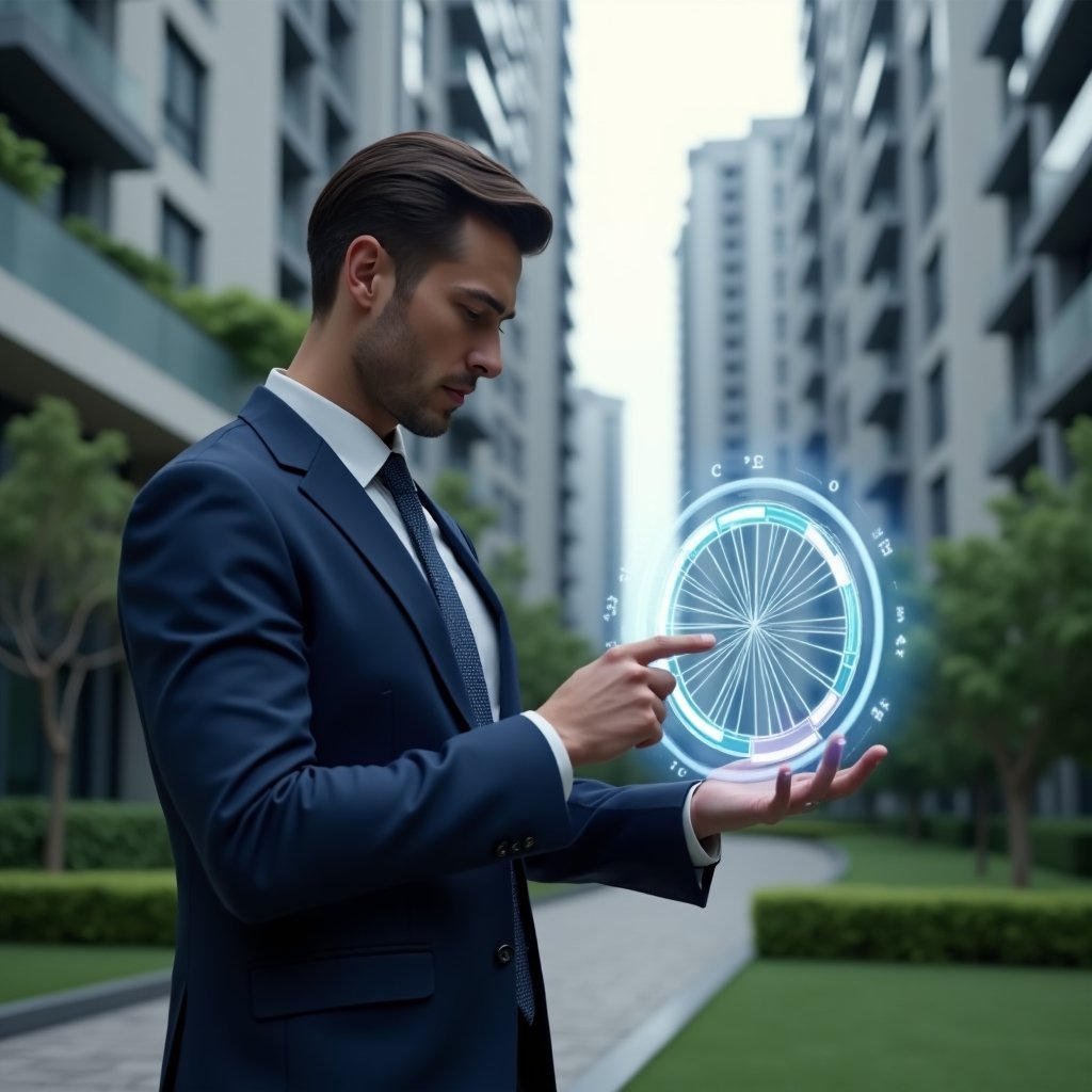 (Ultra-realistic condominium manager in a navy executive suit, set in a modern luxury condominium environment with high-rise buildings and manicured greenery, examining a holographic pie chart displaying fractional ownership divisions, pointing thoughtfully at the floating fractions to illustrate clarity and transparency, cinematic lighting, shallow depth of field, highly detailed textures, realistic skin, photographic realism, 8k resolution --ar 1:1 --v 6)