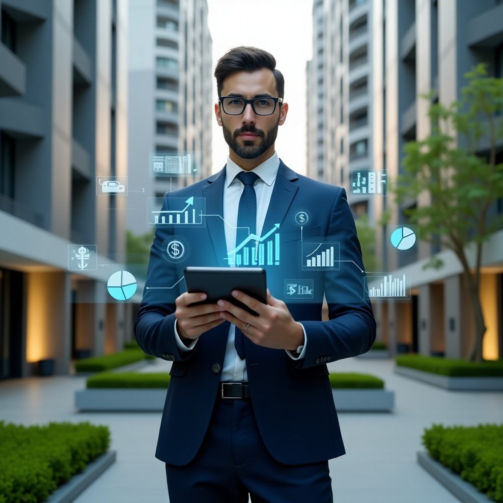 (Ultra-realistic condominium manager in a tailored navy blue suit, set in a modern luxury condominium environment with high-rise buildings and manicured green landscaping, holding a digital tablet displaying holographic cost-reduction charts and bar graphs, standing confidently with a focused expression, floating dollar-sign and pie-chart icons around, cinematic lighting, shallow depth of field, highly detailed textures, realistic skin, photographic realism, 8k resolution --ar 1:1 --v 6)