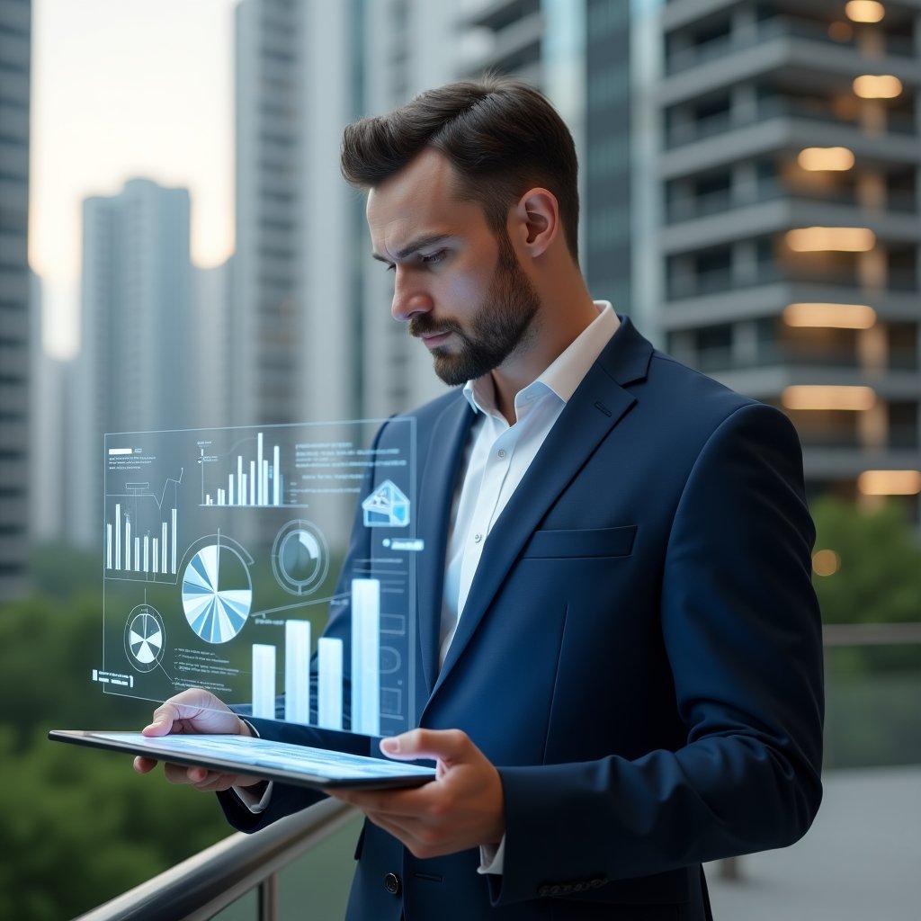 Ultra-realistic condominium manager in a navy blue suit, set in a modern luxury condominium environment with high-rise buildings and green landscaping, reviewing a holographic budget chart on a transparent tablet with a confident expression, floating 3D pie charts and blueprint icons symbolizing cost control and strategic planning, cinematic lighting, shallow depth of field, highly detailed textures, realistic skin, photographic realism, 8k resolution --ar 1:1 --v 6