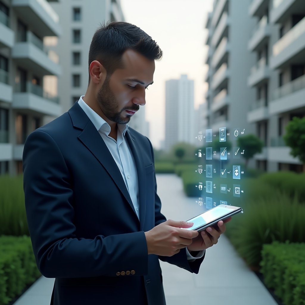 Ultra-realistic condominium manager in a navy tailored suit, set in a modern luxury condominium environment with high-rise buildings and green landscaping, standing in a mid-shot while reviewing a holographic digital schedule on a transparent tablet with floating task icons and checkmarks, focused and confident expression, cinematic lighting, shallow depth of field, highly detailed textures, realistic skin, photographic realism, 8k resolution --ar 1:1 --v 6