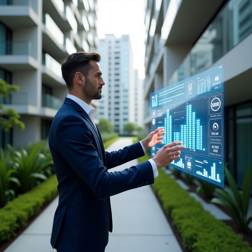 (Ultra-realistic condominium property manager in a navy executive suit, set in a modern luxury condominium environment with high-rise buildings and manicured green landscaping, confidently interacting with a holographic dashboard displaying performance charts and building icons, cinematic lighting, shallow depth of field, highly detailed textures, realistic skin, photographic realism, 8k resolution --ar 1:1 --v 6)