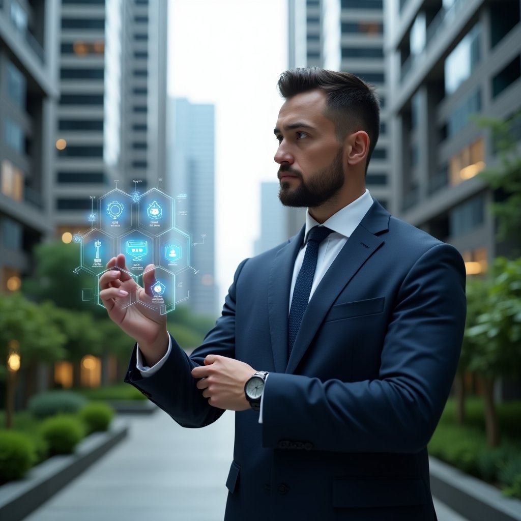 Ultra-realistic condominium manager in a navy executive suit, set in a modern luxury condominium environment with high-rise buildings and lush green landscaping, analyzing a holographic condominium management app interface with floating digital icons representing usability, security, and advanced features, confident and focused expression, cinematic lighting, shallow depth of field, highly detailed textures, realistic skin, photographic realism, 8k resolution --ar 1:1 --v 6