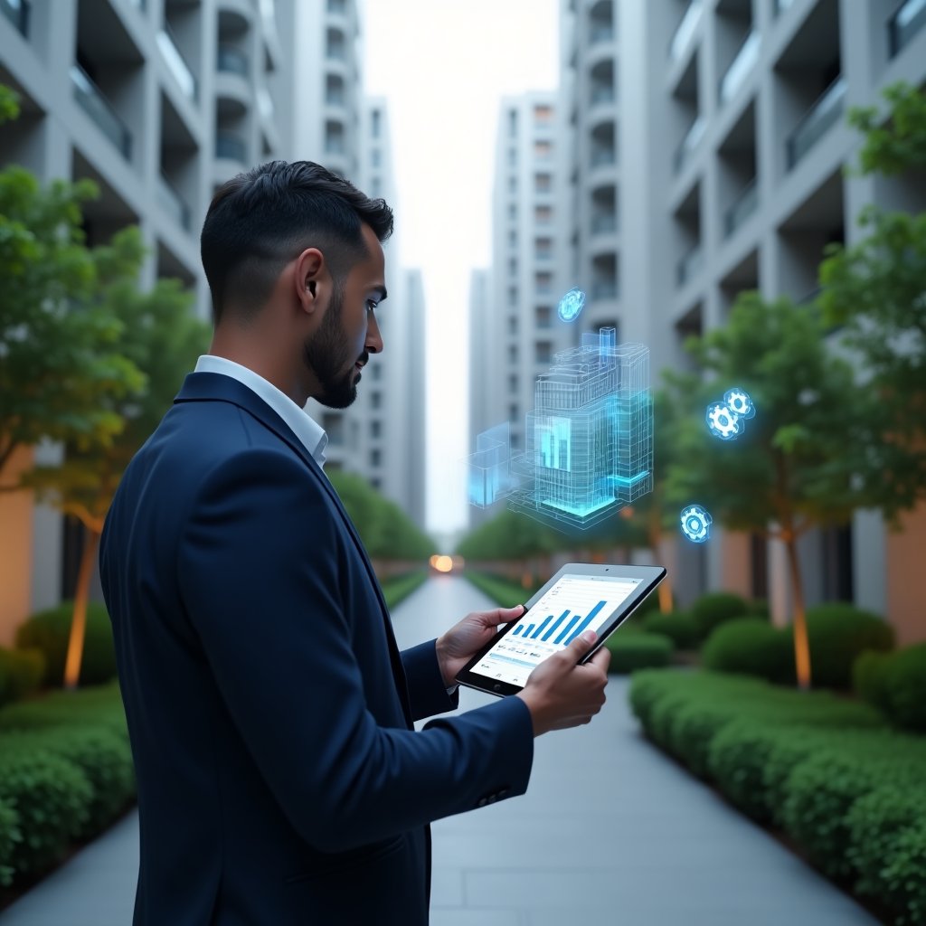 (Ultra-realistic condominium manager in a navy suit, set in a modern luxury condominium environment with high-rise buildings and manicured green landscaping, holding a tablet displaying a holographic management app interface and analyzing data charts, floating holographic condo and gear icons symbolizing an aplicativo de gestão, cinematic lighting, shallow depth of field, highly detailed textures, realistic skin, photographic realism, 8k resolution --ar 1:1 --v 6)